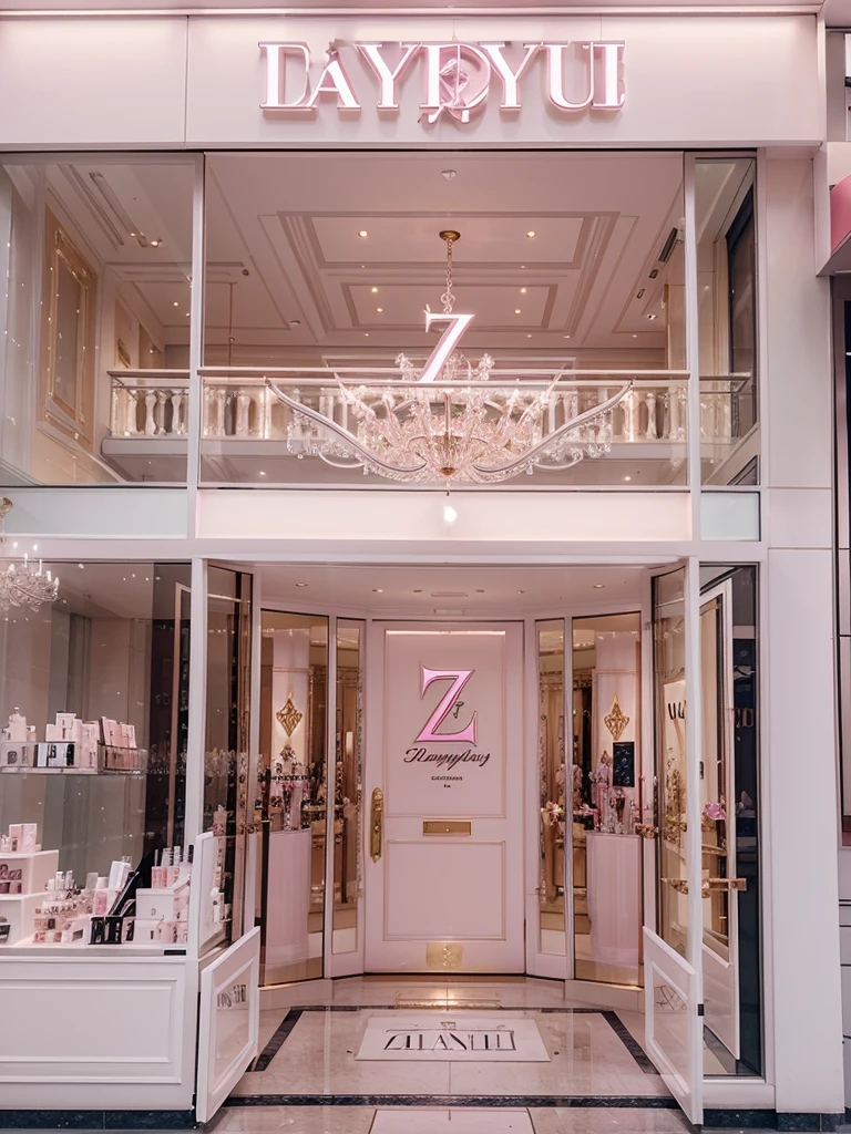 A uniquely royalty styled big, classy, luxurious, well-known perfume shop, with a clear “ Z D N Y “ logo written outside, with color soft pink and white