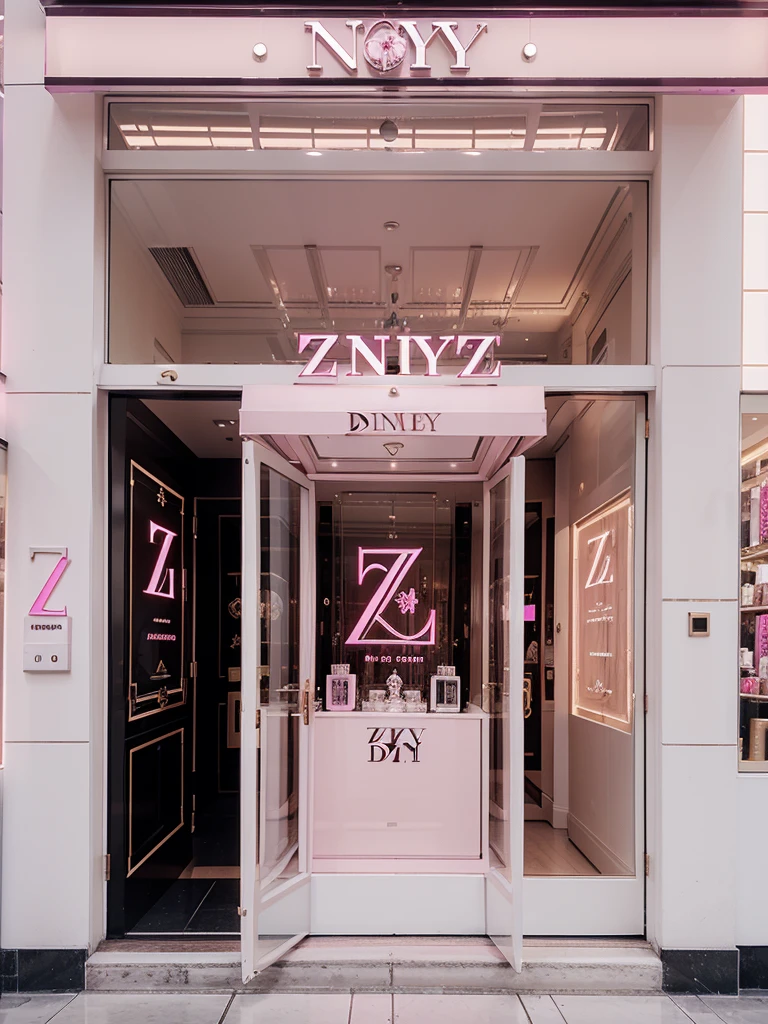 A uniquely royalty styled big, classy, luxurious, well-known perfume shop, with a clear “ Z D N Y “ logo written outside, with color soft pink and white