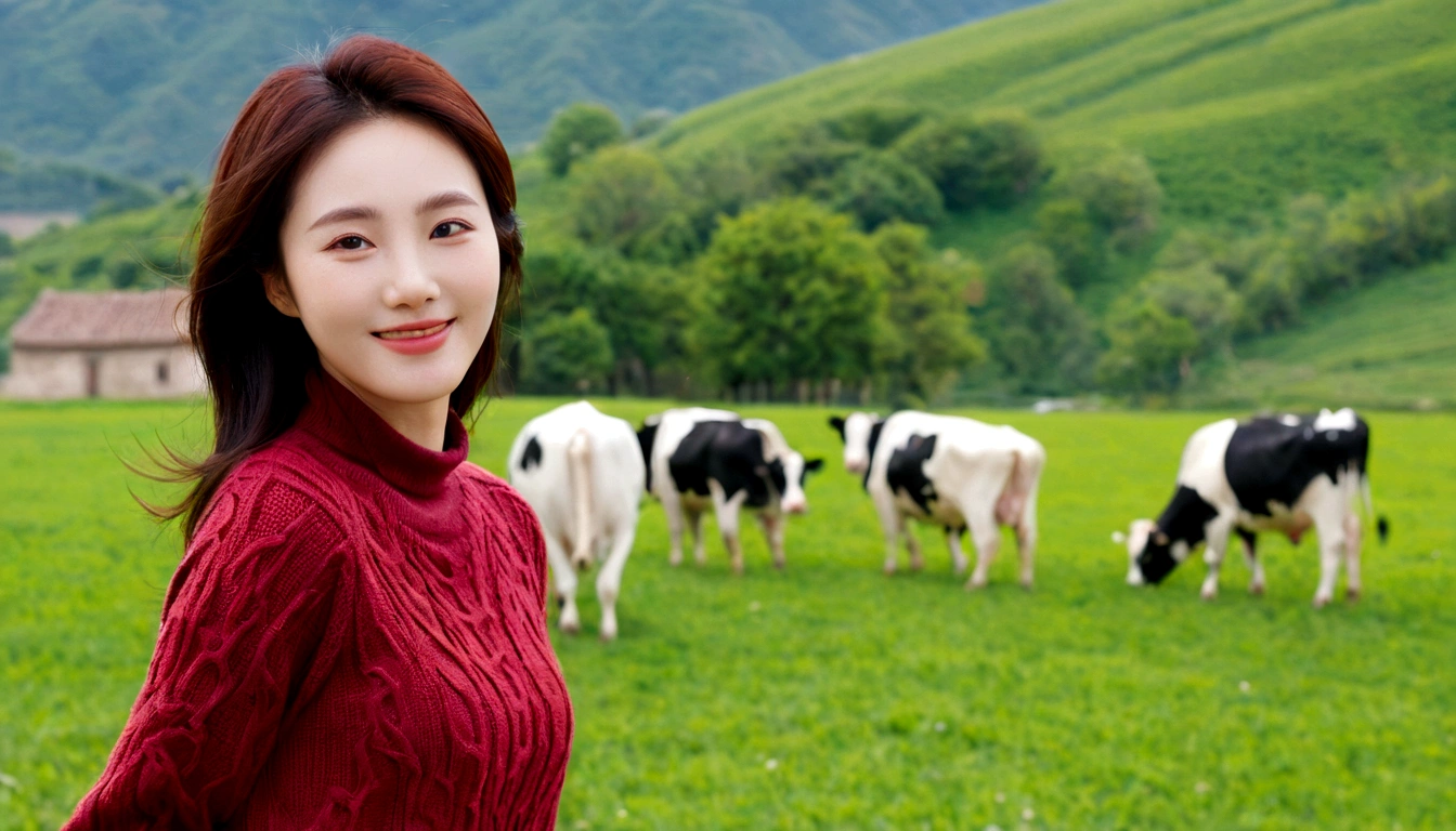 8k best picture quality, Beautiful 36-year-old Korean woman, I have good skin and clear and pretty eyes.. Chest size 34 inches, italian countryside village, The back background is realistic and vivid image quality, medium hair blowing in the wind, Wearing high-end luxury knitwear. casual pants, Smile, Short and slim Korean woman, Photo taken from a distance with a wide-angle lens, Dairy cows graze on a wide field meadow, I can see a corn field in the distance