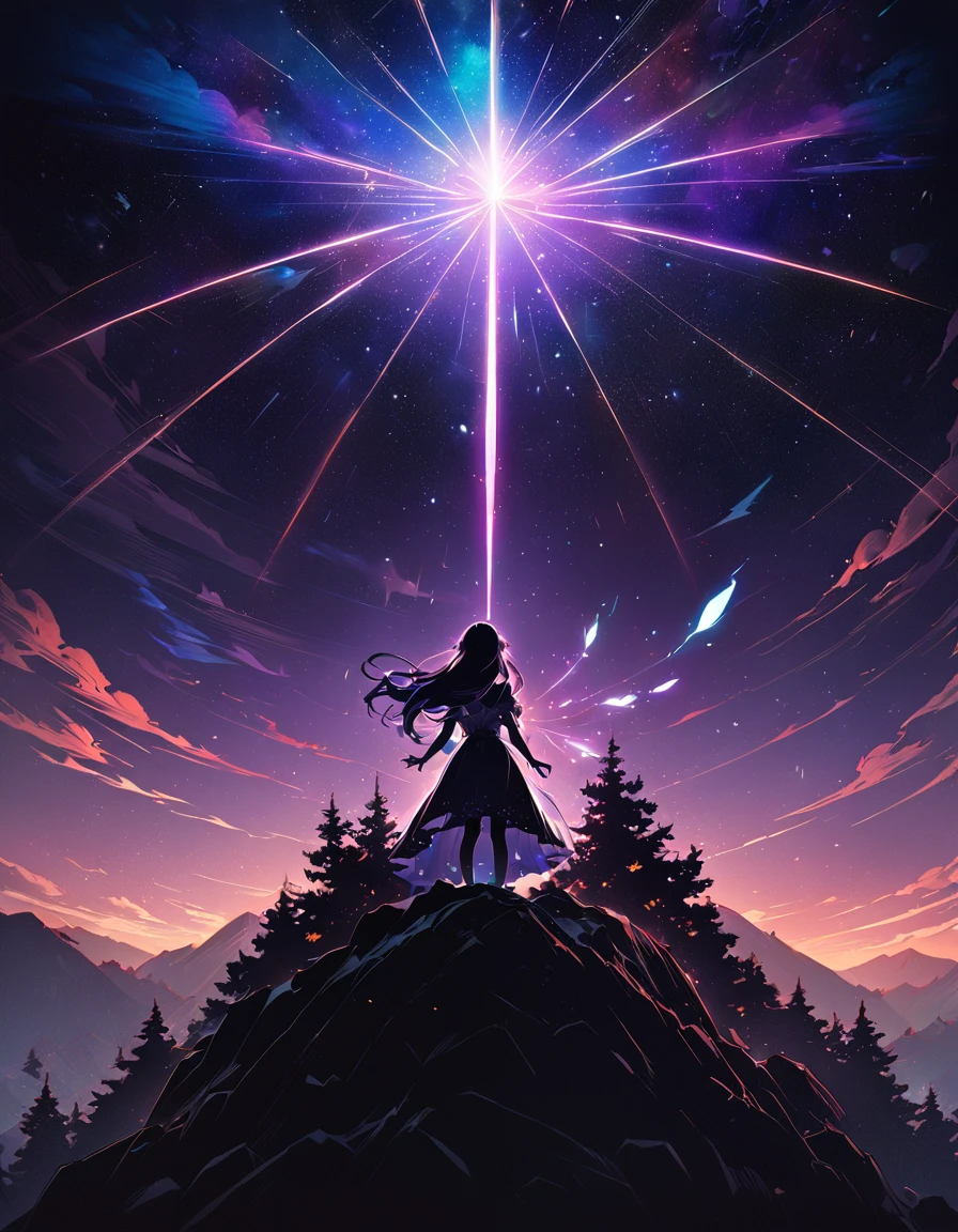One girl, Beautiful and fine details, Long purple hair, Pale red eyes, Princess Dress, Glowing Skin, resolution, (Anime Style:1.6)High Contrast, ((Mastepiece, Highest quality))Vast landscape photography, (View from below with views of the sky and wilderness below), Girl looking up, (full moon: 1.2), (shooting star: 0.9), (nebula: 1.3), Distant Mountain, Treebreak Production Art, (Warm light source: 1.2), (fire Fly: 1.2), Purple and Orange, Intricate details, Volumetric Lighting, Realism Break (Mastepiece: 1.2) (Highest quality), 4K, Super detailed, (Dynamic Configuration: 1.4), Extremely detailed and colorful, (Iridescent colors: 1.2), (Brilliant lighting, Ambient lighting), dream-like, Magic, (alone: 1.5) Perfect Fingers
