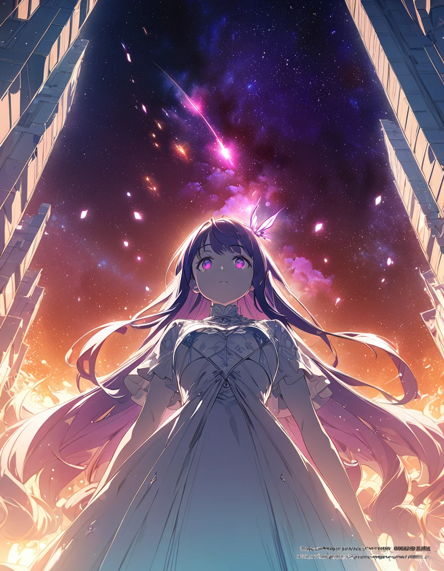 One girl, Beautiful and fine details, Long purple hair, Pale red eyes, Princess Dress, Glowing Skin, resolution, (Anime Style:1.6)High Contrast, ((Mastepiece, Highest quality))Vast landscape photography, (View from below with views of the sky and wilderness below), Girl looking up, (full moon: 1.2), (shooting star: 0.9), (nebula: 1.3), Distant Mountain, Treebreak Production Art, (Warm light source: 1.2), (fire Fly: 1.2), Purple and Orange, Intricate details, Volumetric Lighting, Realism Break (Mastepiece: 1.2) (Highest quality), 4K, Super detailed, (Dynamic Configuration: 1.4), Extremely detailed and colorful, (Iridescent colors: 1.2), (Brilliant lighting, Ambient lighting), dream-like, Magic, (alone: 1.5) Perfect Fingers