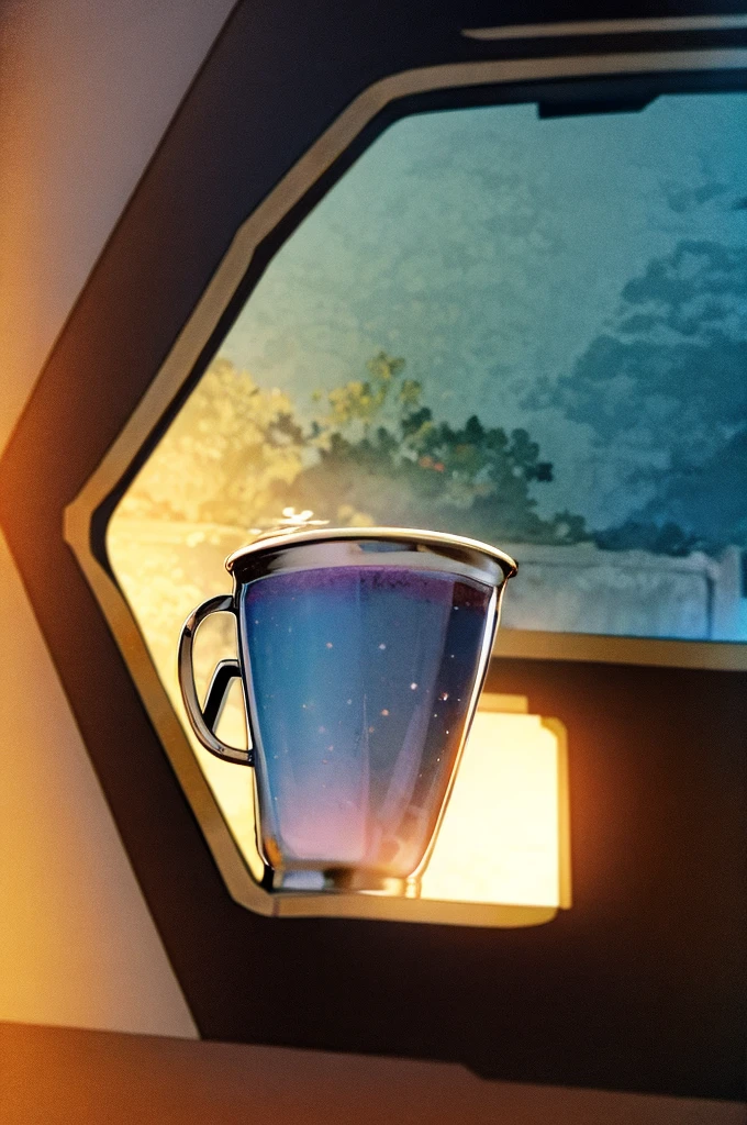 The lazy fluffy cat , adorable with big eyes, extremely beautiful tail, sleeps in the cabin of the cozy camping car in the snowy mountains. A cup of hot coffee for a fresh morning