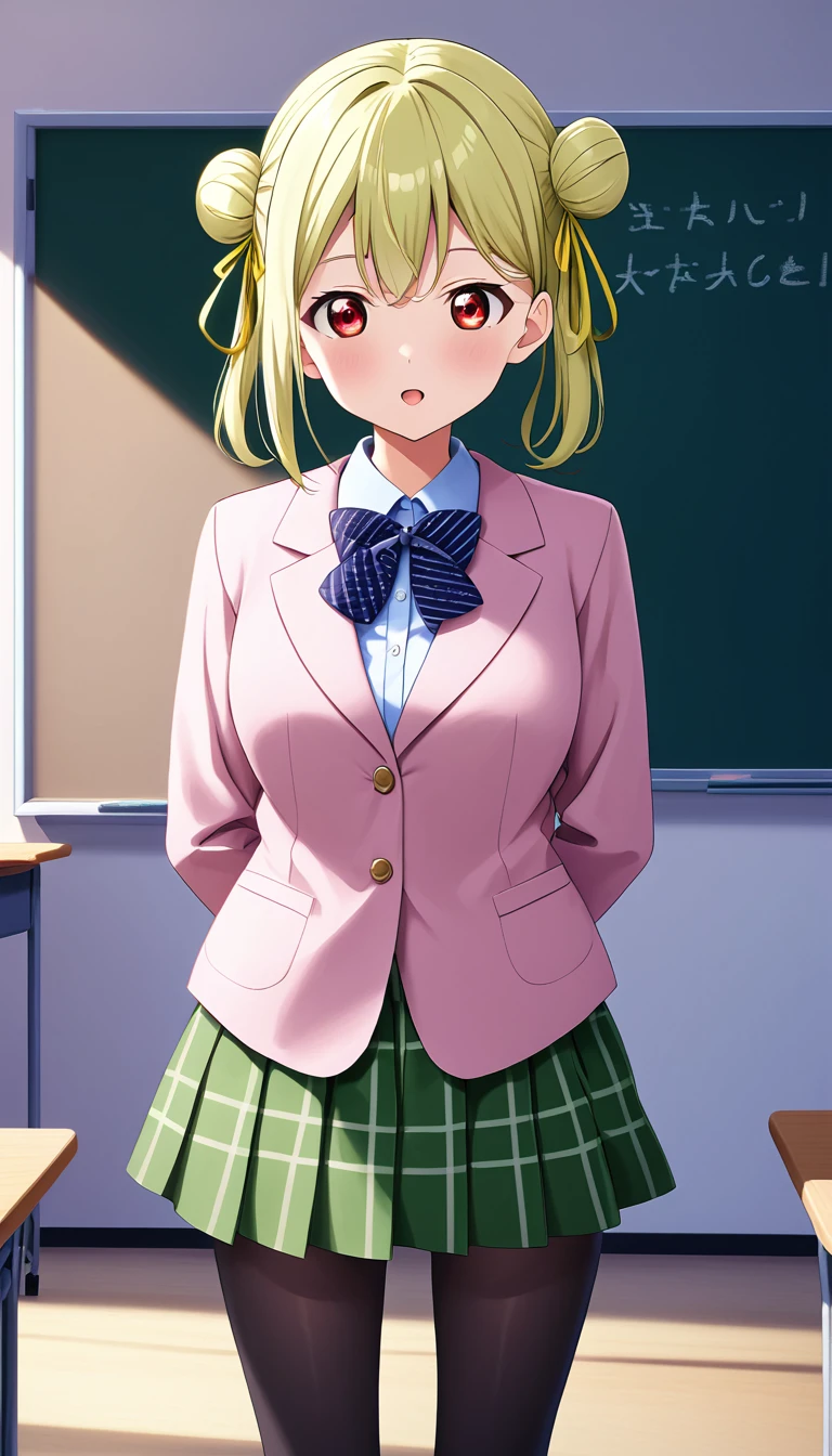 Multiple girls, 2girls,Two anime girls,(arashi chisato, love live! super star, long hair, bangs, (red eyes:1.3), twintails, silver hair, blunt bangs, hair bun, double bun,),(Shibuya Kanon, love live! superstar!, ,aakanon,purple eyes,long hair,bangs,hair between eyes) ,otonokizaka ,winter uniform, navy blue blazer,red striped bow tie, blue striped pleated skirt, facing viewer, standing,hand on hip, skirt, blushing,blush ,in classroom,from front, BREAK score_9, score_8_up, score_7_up, score_6_up, source_anime 