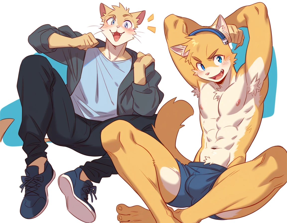 score_9, score_8_up, score_7_up, male, furry, high quality, hires, anthro, ager, 18 years old, domestic cat, yellow fur, blue eyes, an excited expression, humanoid feet, slim body, prominent v-line, prominent abs, prominent legs, prominent forearms, prominent knees, white background, treasure trail, armpit hair, furry legs, bulge, in various poses, sitting, headphones, casual clothes