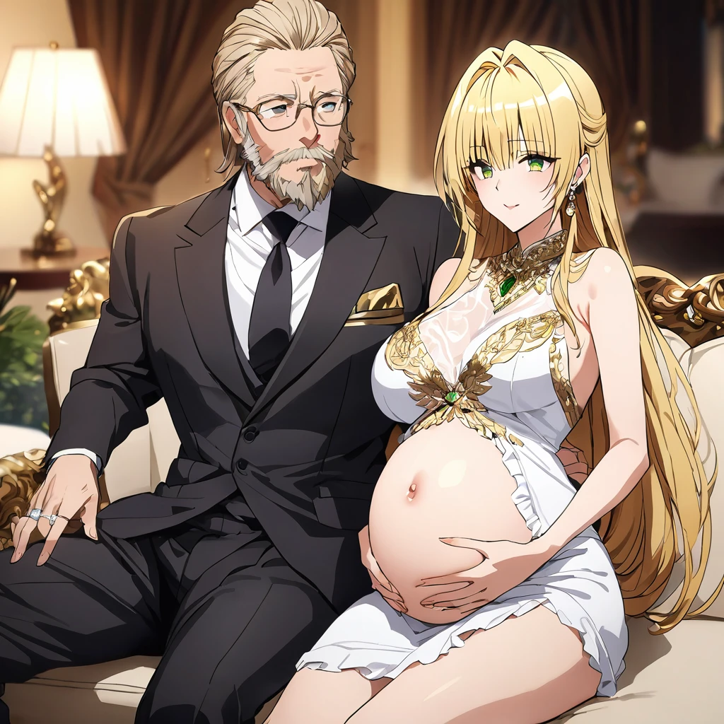 ((Highest quality)), ((masterpiece)), (detailed), (Perfect Face)、The woman is a thief with green eyes and medium-long blonde hair. She is wearing a luxurious black skirt-type suit with gold embroidery and trim, a luxurious and elegant white blouse with frills, jeweled earrings, and an engagement ring.、The woman is sitting close to the man on a luxurious sofa in a luxurious room, the couple sitting side by side、The man is a dignified, bearded old man, extremely wealthy, wearing an expensive suit with lavish gold embroidery and trim, and wearing an engagement ring.、the woman is pregnant