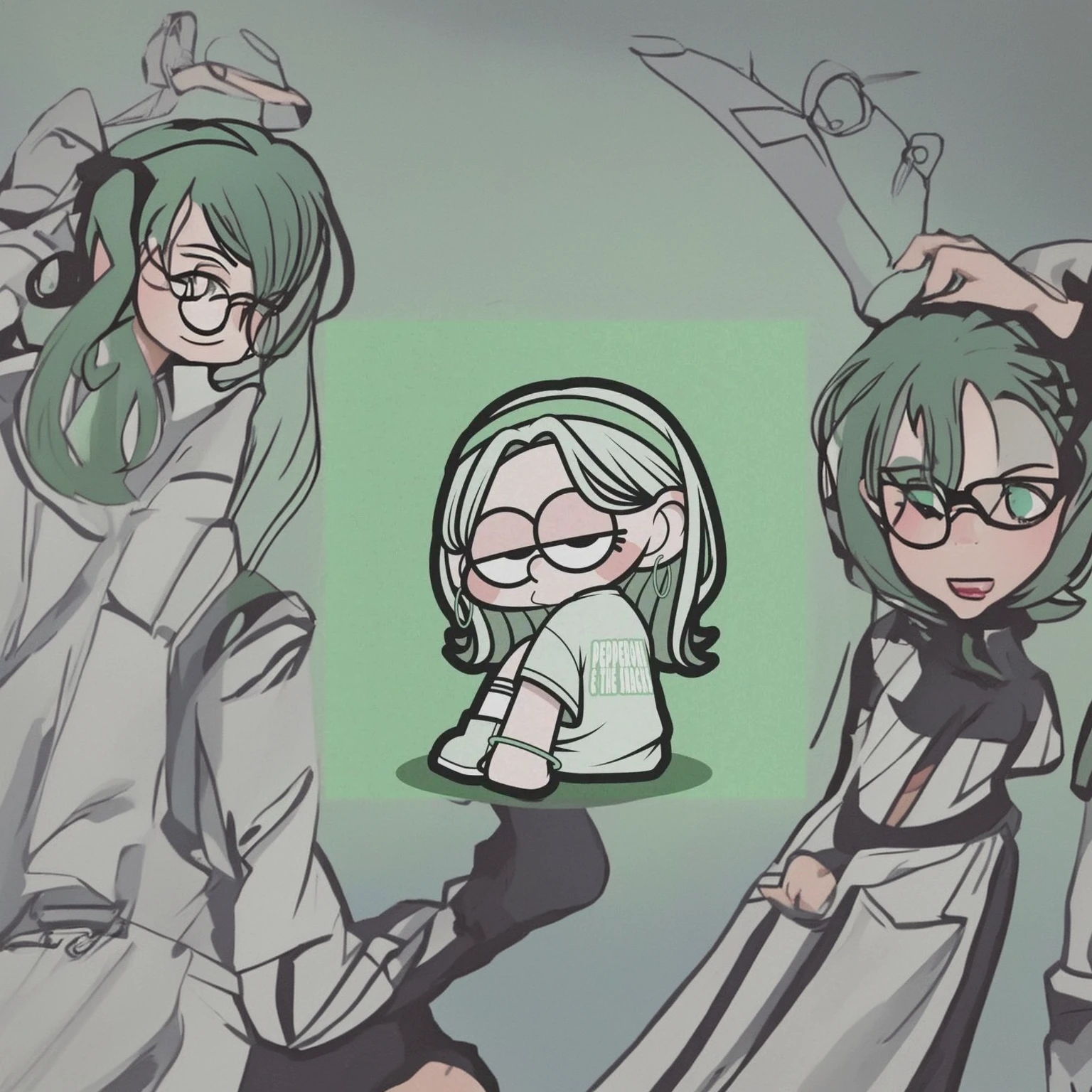 Sit on the ground、Cartoon girl with glasses holding her hands on her hips, Official Fan Art, , Little, Little style, advanced digital Little art, High quality fan art, Little art, Cute artwork, Billie Eilish, overlord Billie Eilish, Cartoon style cute, Official Fan Art, chic, Cute art style, City Girl Fan Art, Green Hair