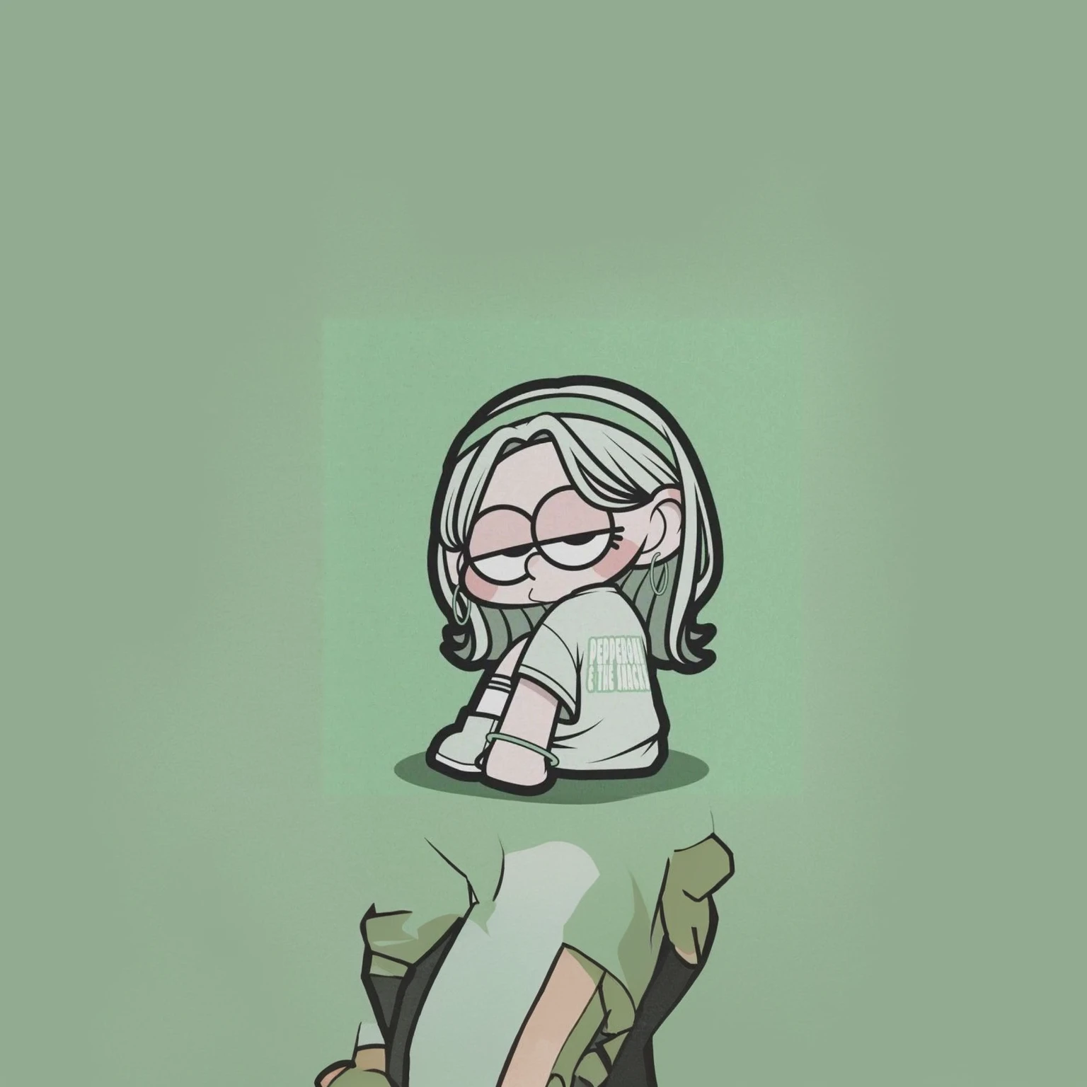 Sit on the ground、Cartoon girl with glasses holding her hands on her hips, Official Fan Art, , Little, Little style, advanced digital Little art, High quality fan art, Little art, Cute artwork, Billie Eilish, overlord Billie Eilish, Cartoon style cute, Official Fan Art, chic, Cute art style, City Girl Fan Art, Green Hair