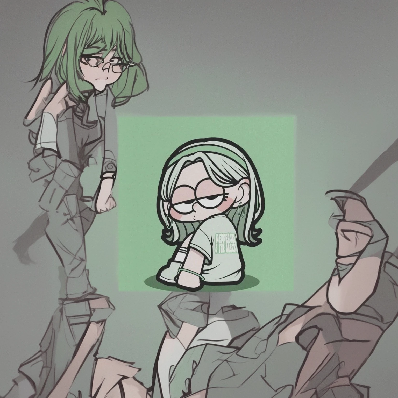 Sit on the ground、Cartoon girl with glasses holding her hands on her hips, Official Fan Art, , Little, Little style, advanced digital Little art, High quality fan art, Little art, Cute artwork, Billie Eilish, overlord Billie Eilish, Cartoon style cute, Official Fan Art, chic, Cute art style, City Girl Fan Art, Green Hair