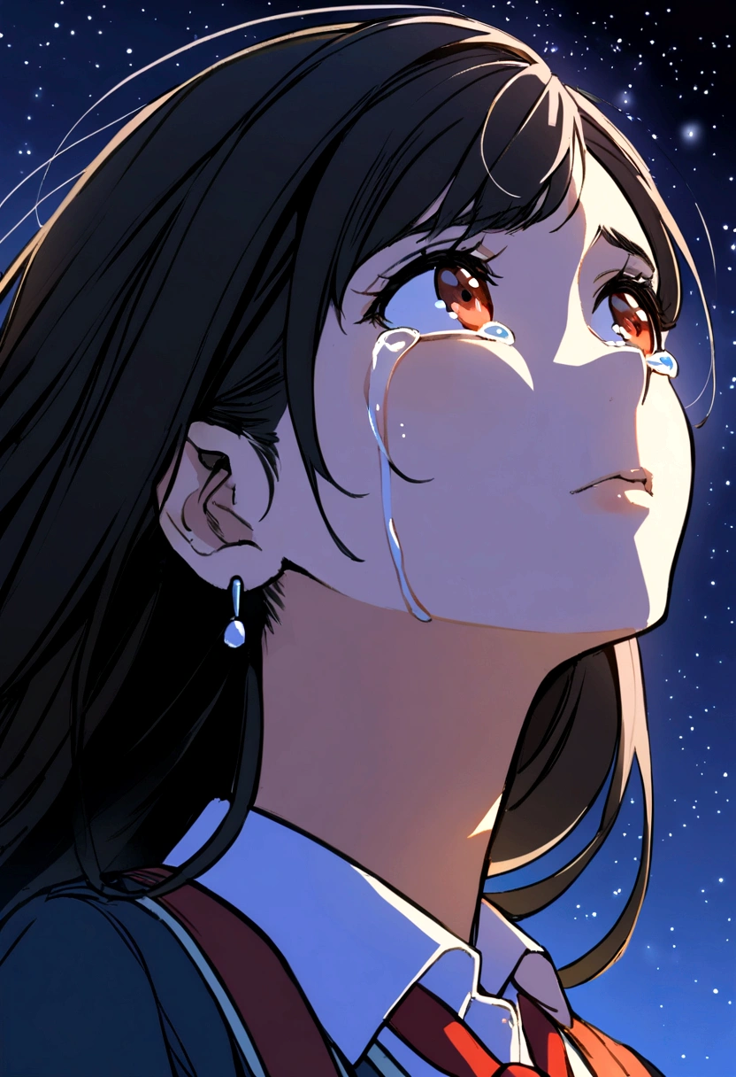 1girl, student uniform, black hair, young tifa lockhart, looking up at the night sky, crying but hopeful