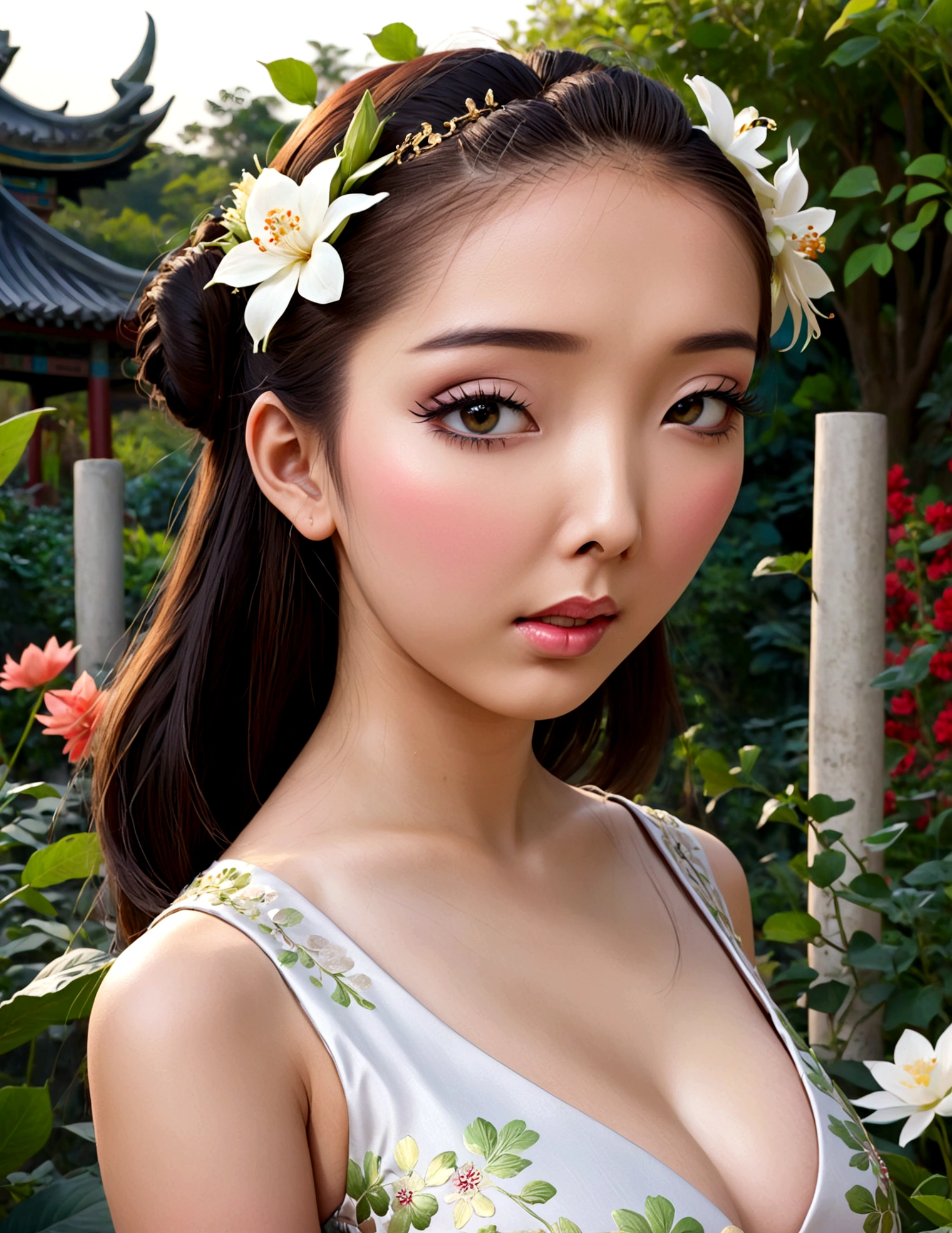 a cute woman, ornate asian dress, split up the thighs, powder white body make up, asian style face makeup, aloof, checking her flower garden, detailed eyes, detailed lips, extremely detailed face, long eyelashes, 1girl, digital illustration, oil painting, 8k, high quality, hyper detailed, photorealistic, studio lighting, physically based rendering, vivid colors, vibrant colors, elegant, refined, graceful, serene, tranquil, peaceful, portrait, asian inspired
