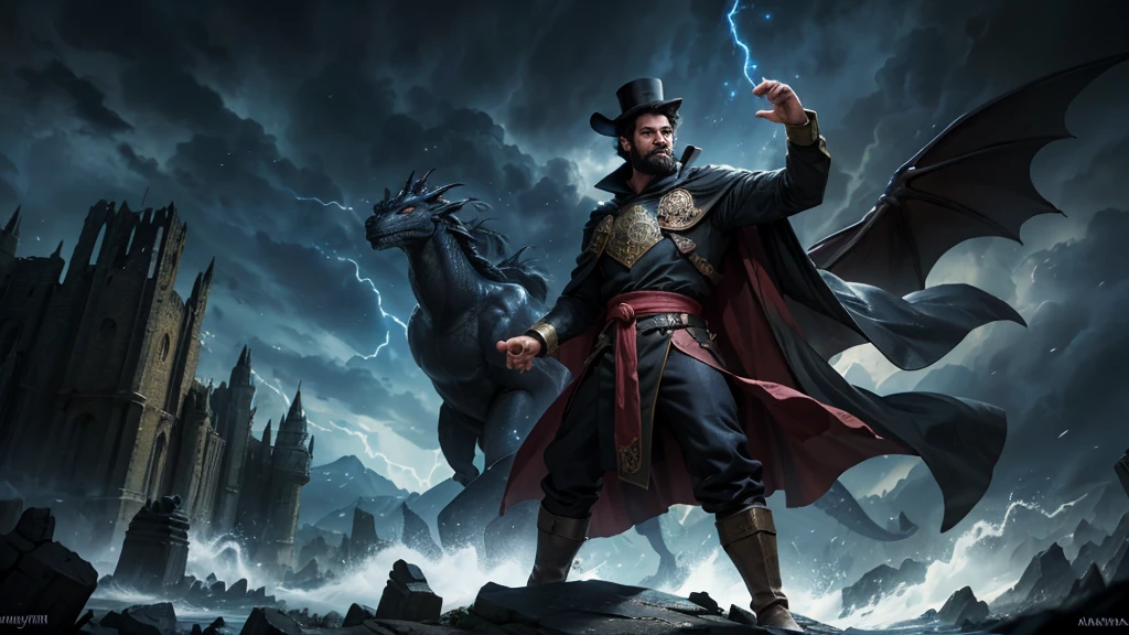 (best qualityer:1.1),original,medieval fantasy, Youngh, big strong, dragon in the background,dynamic pose,Barba,magie,(particle effects:1.1),(stormy:1.1),(windy:1.1),(wreckage:1.1),dramatic lighting,plein-air, powerful wizard, black hair black beard, cape and top hat