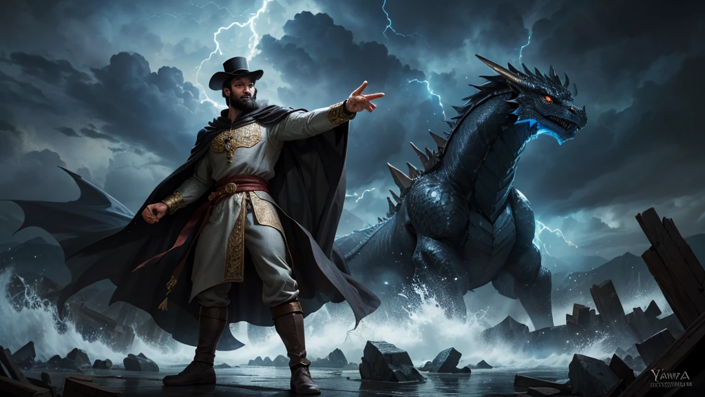 (best qualityer:1.1),original,medieval fantasy, Youngh, big strong, dragon in the background,dynamic pose,Barba,magie,(particle effects:1.1),(stormy:1.1),(windy:1.1),(wreckage:1.1),dramatic lighting,plein-air, powerful wizard, black hair black beard, cape and top hat