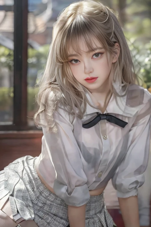 ultra Realistic 8k cg, picture-perfectionな顔, perfection, clean, masterpiece, Professional artwork, Famous works of art, perfectionな顔, Beautiful Face, beautiful eye, ((perfectionな女性の体)), alone,(Immersive atmosphere, Chiaroscuro:1.5,Bright light:1.2,Bright lighting)
,,(blush:0.5),Seductive look,Very detailed_eye,Thick thighs,Large Breasts,
Beautifully detailed backgrounds,Depth of written boundary,Realistic:1.3, Long Shot,One girl,shirt,Pleated skirt, , Sitting, whole body, 
(Zhou Haoguang:1.3),(Structure of the film:1.3),(Neon Light:0.1),(High resolution:0.1),Accent lighting, White Pantyhose,