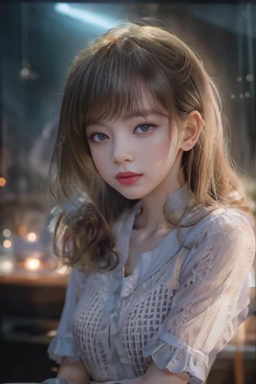 ultra Realistic 8k cg, picture-perfectionな顔, perfection, clean, masterpiece, Professional artwork, Famous works of art, perfectionな顔, Beautiful Face, beautiful eye, ((perfectionな女性の体)), alone,(Immersive atmosphere, Chiaroscuro:1.5,Bright light:1.2,Bright lighting)
,,(blush:0.5),Seductive look,Very detailed_eye,Thick thighs,Large Breasts,
Beautifully detailed backgrounds,Depth of written boundary,Realistic:1.3, Long Shot,One girl,shirt,Pleated skirt, , Sitting, whole body, 
(Zhou Haoguang:1.3),(Structure of the film:1.3),(Neon Light:0.1),(High resolution:0.1),Accent lighting, White Pantyhose,