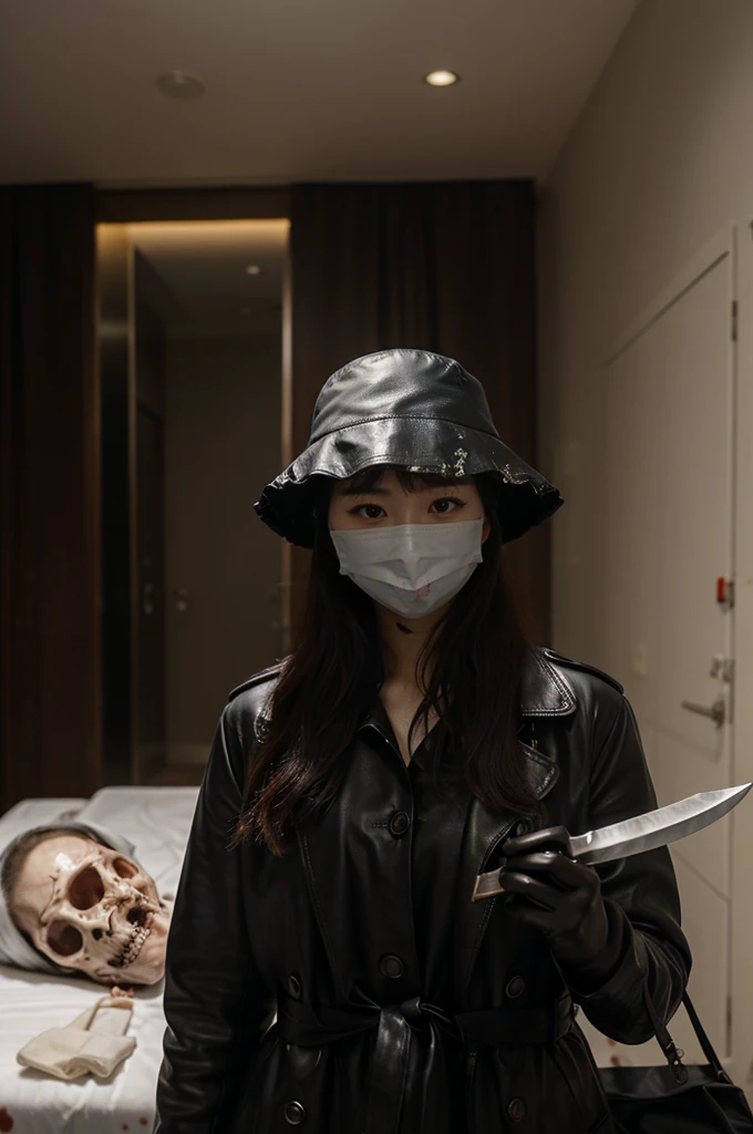 korean girl, (behind corpse, surgical mask), blood splatter, holding knife, stabbing, black leather gloves, room full of blood, trench coat, leather bucket hat, holding knife, black gloves, behind corpse, very long hair, night, mass murderer, robbery, in the hotel,
