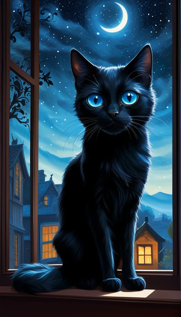 70s dark fantasy, coraline style, create an image of a black cat with blue eyes, a skinny cat, looking from the window, on a dark and starry night