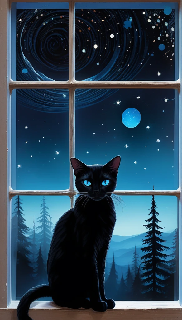 70s dark fantasy, coraline style, create an image of a black cat with blue eyes, a skinny cat, looking from the window, on a dark and starry night