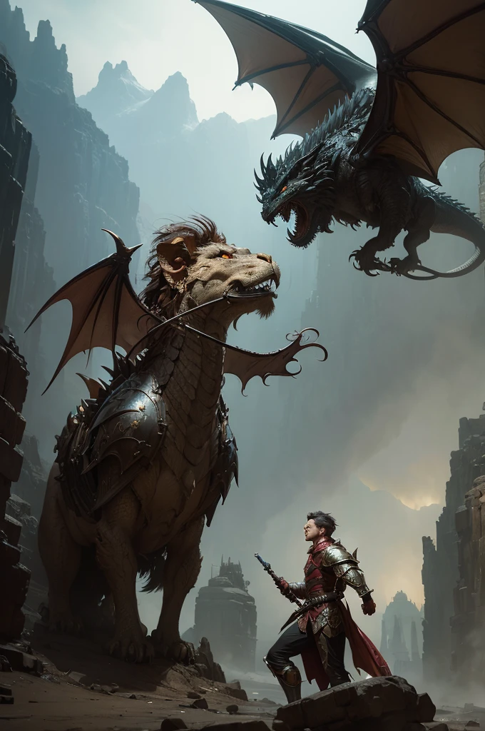 a dragon winged lion, wearing magical armor, by ruan jia, jack kirby, norman rockwell, wayne barlow bergey, craig mullins, sergey kolesov, ruan jia, jeremy mann, roberto ferri, lois van baarle, daniel gerhartz, 5 0 s science