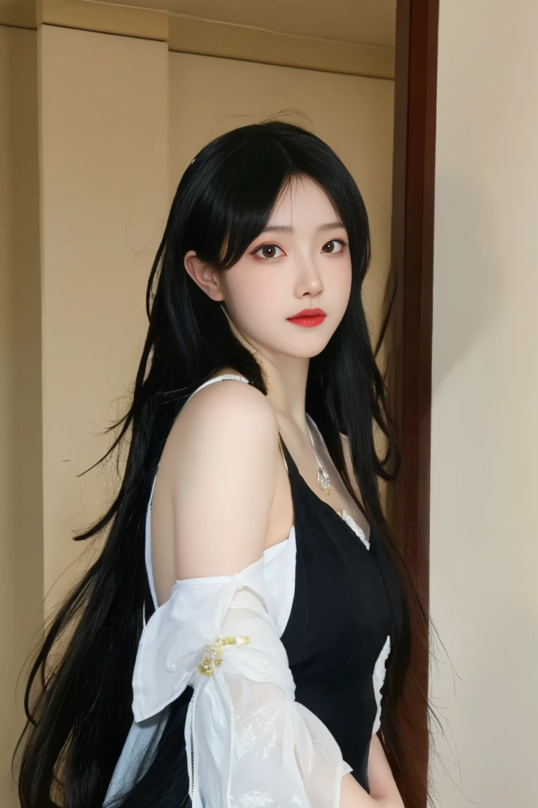 best quality, tmasterpiece,Ultra-high resolution,Clear face,(Reality:1.4),ferpect lighting,(upper body photo), (photorealistic:1.50), anime wallpaper, Guviz style artwork, cover-up fantasy up to magic , by Yang J, Guviz, beautiful artwork illustration, beautiful digital artwork, beautiful digital illustration, Li Song, beautiful anime portrait, art style in Beauvot, black nightgown, see-through, yinziping,1girl, anklet, dress, black hair, sitting, Chinese dress,