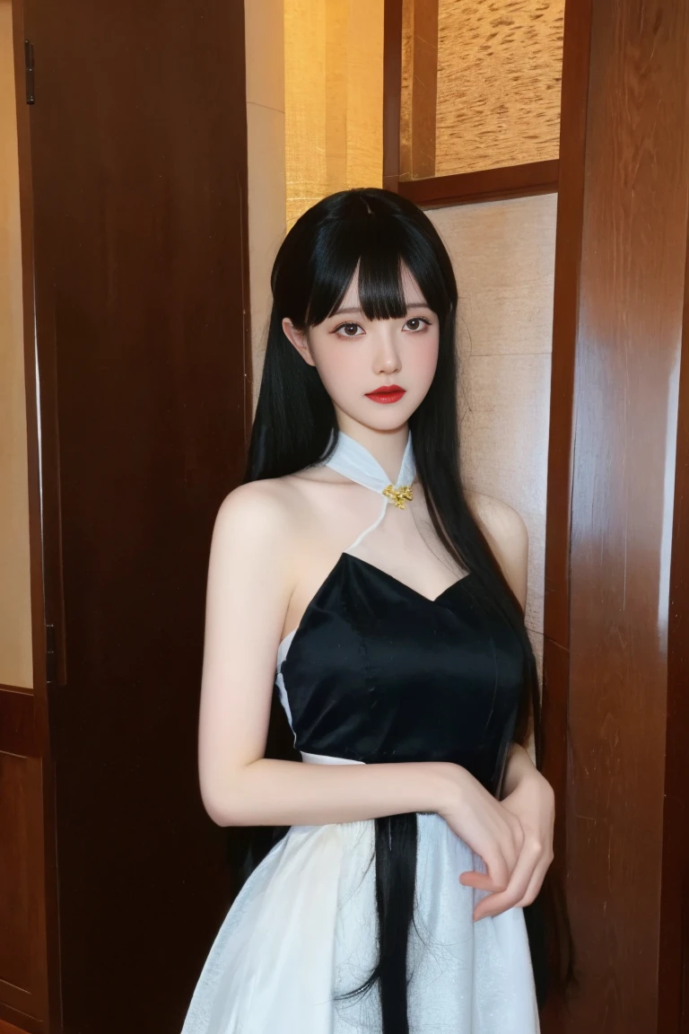 best quality, tmasterpiece,Ultra-high resolution,Clear face,(Reality:1.4),ferpect lighting,(upper body:1.3), (photorealistic:1.50), anime wallpaper, Guviz style artwork, cover-up fantasy up to magic , by Yang J, Guviz, beautiful artwork illustration, beautiful digital artwork, beautiful digital illustration, Li Song, beautiful anime portrait, art style in Beauvot, black nightgown, see-through, yinziping,1girl, anklet, dress, black hair, standing, Chinese dress, black dress,