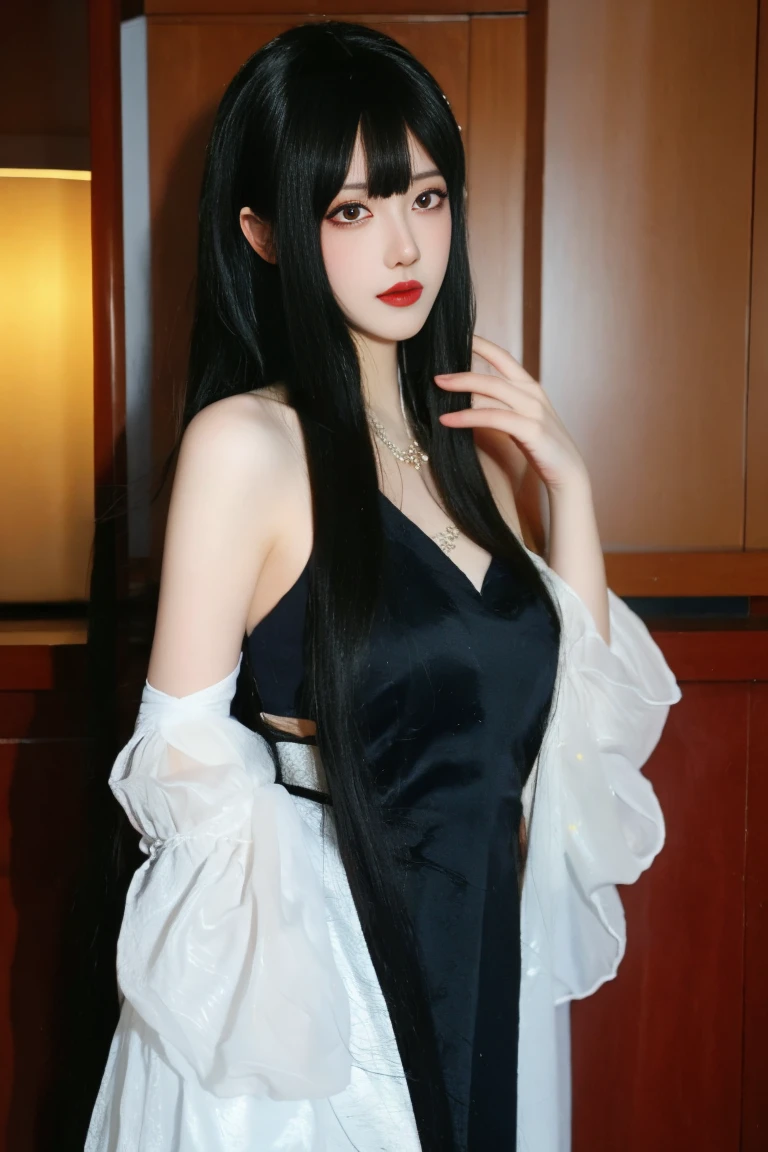 best quality, tmasterpiece,Ultra-high resolution,Clear face,(Reality:1.4),ferpect lighting,(upper body:1.3), (photorealistic:1.50), anime wallpaper, Guviz style artwork, cover-up fantasy up to magic , by Yang J, Guviz, beautiful artwork illustration, beautiful digital artwork, beautiful digital illustration, Li Song, beautiful anime portrait, art style in Beauvot, black nightgown, see-through, yinziping,1girl, anklet, dress, black hair, standing, Chinese dress, black dress,