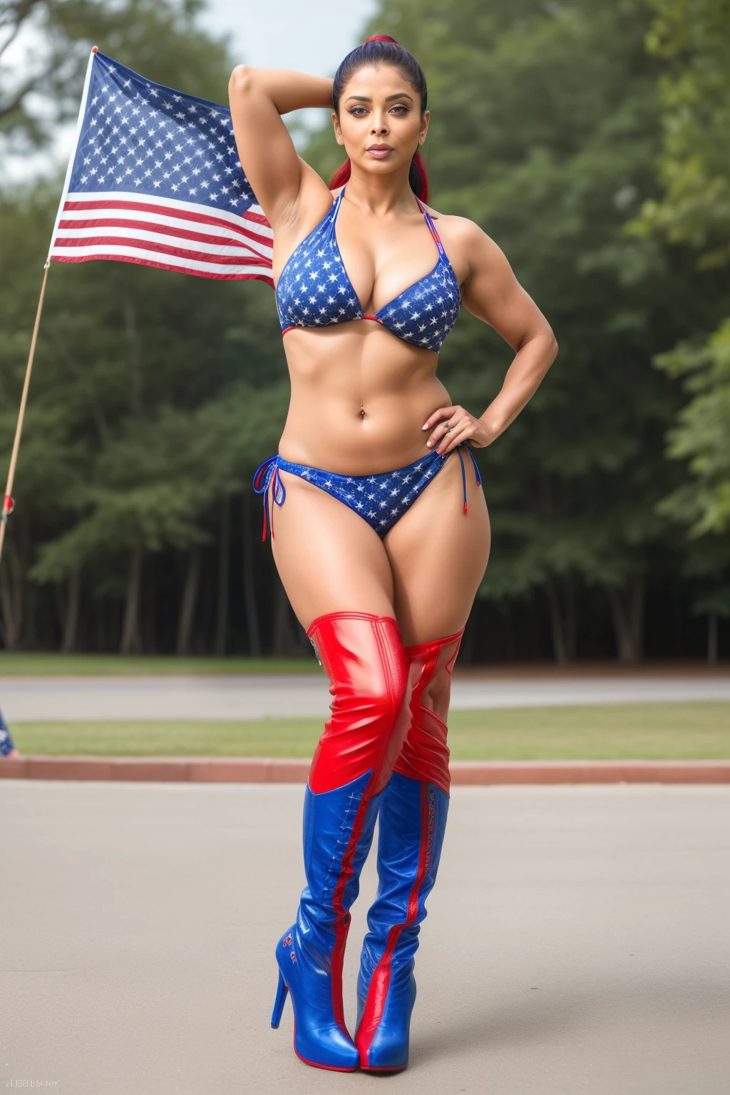 Full body photo of SEXY 50YO MATURE MILF AISHWARYA RAI as FITNESS MODEL, (ponytail tied hair), ((red and blue US flag bikini)), ((high boots)), (((seductive pose outdoors on 4th of July))), day scene, fit curvaceous mature hourglass figure, look straight at camera, sexy 50 yo mature MILF, soft volumetric lights, intricate details, (ArtStation:1.2)