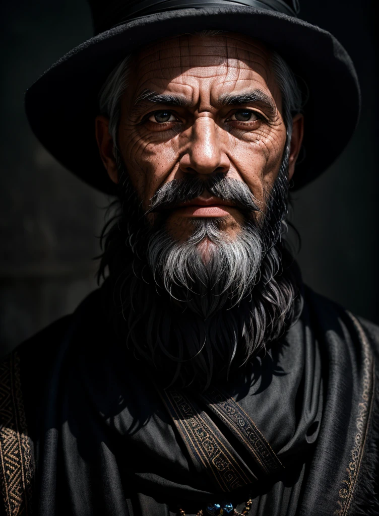 A symmetrical portrait of a black magician, bearded, wrinkled, weathered, with piercing eyes, face detailed, High details, fot, dark studio, rim-light, Nikon D850, 50mm, f/1.4