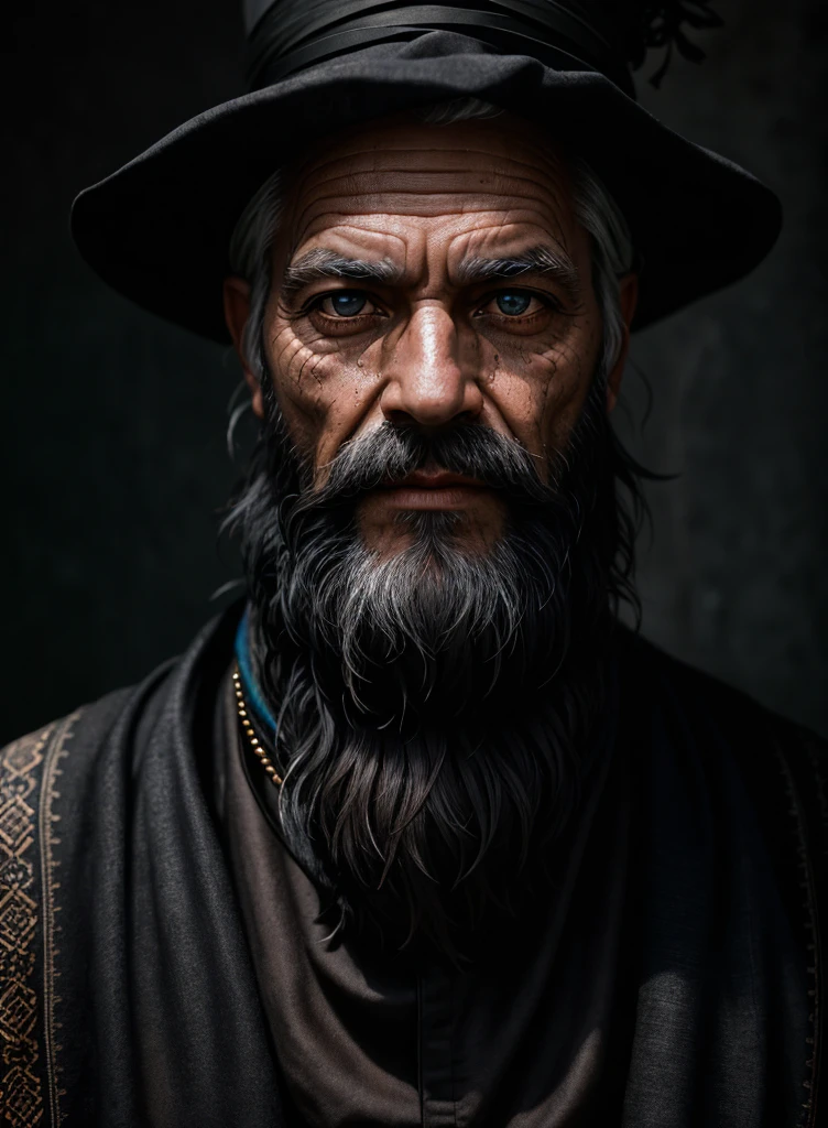 A symmetrical portrait of a black magician, bearded, wrinkled, weathered, with piercing eyes, face detailed, High details, fot, dark studio, rim-light, Nikon D850, 50mm, f/1.4