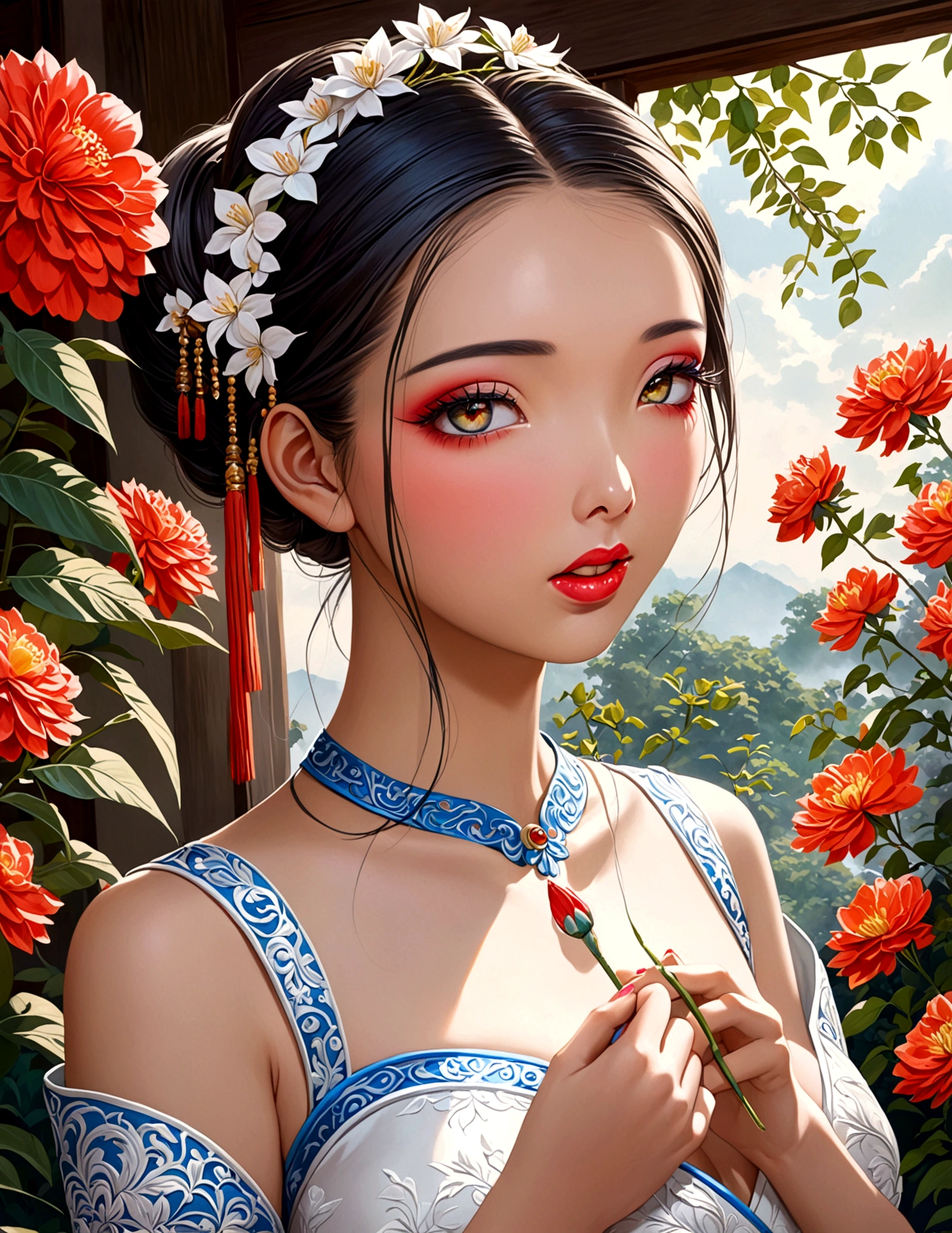 a cute woman, ornate asian dress, split up the thighs, powder white body make up, asian style face makeup, aloof, checking her flower garden, detailed eyes, detailed lips, extremely detailed face, long eyelashes, 1girl, digital illustration, oil painting, 8k, high quality, hyper detailed, photorealistic, studio lighting, physically based rendering, vivid colors, vibrant colors, elegant, refined, graceful, serene, tranquil, peaceful, portrait, asian inspired
