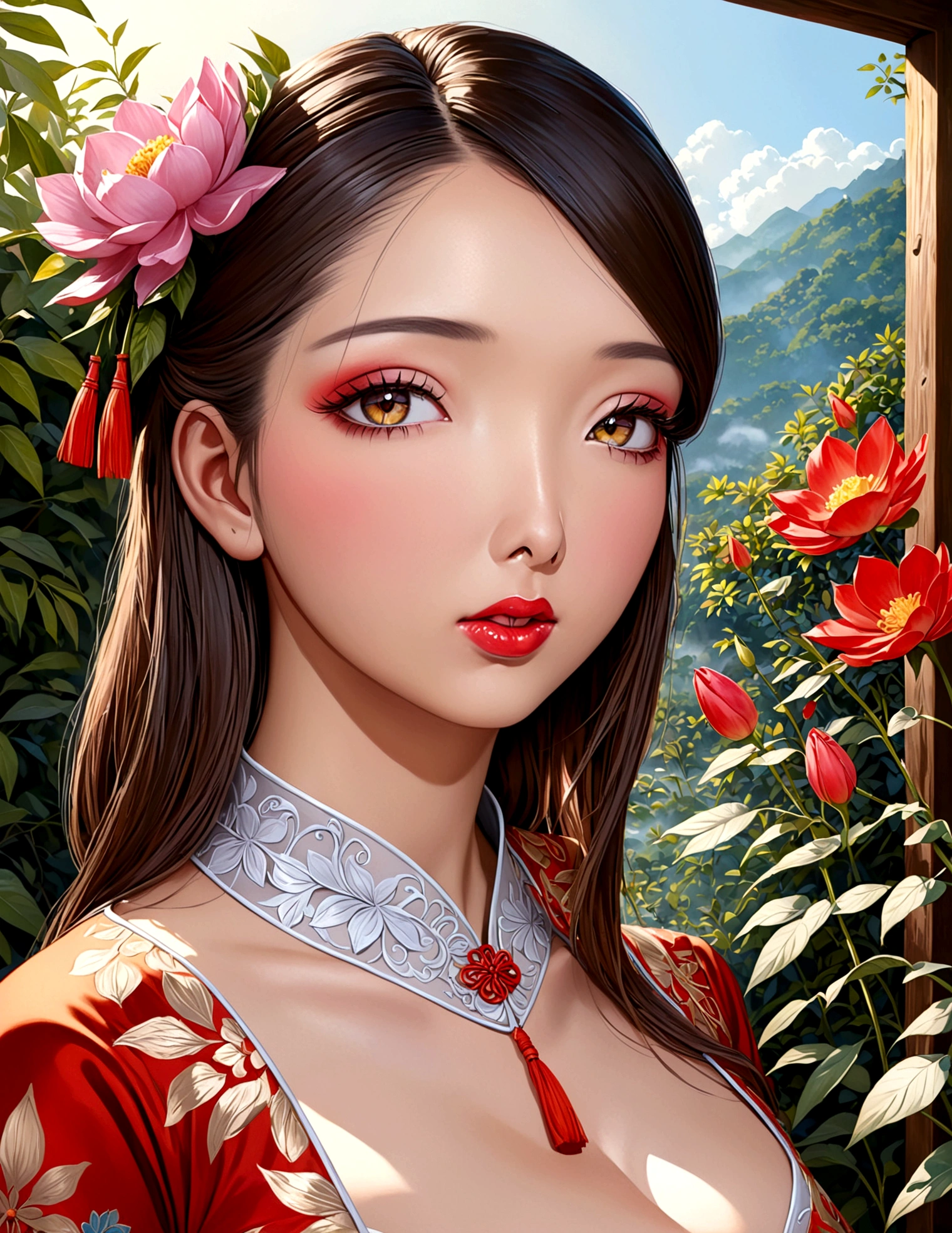 a cute woman, ornate asian dress, split up the thighs, powder white body make up, asian style face makeup, aloof, checking her flower garden, detailed eyes, detailed lips, extremely detailed face, long eyelashes, 1girl, digital illustration, oil painting, 8k, high quality, hyper detailed, photorealistic, studio lighting, physically based rendering, vivid colors, vibrant colors, elegant, refined, graceful, serene, tranquil, peaceful, portrait, asian inspired