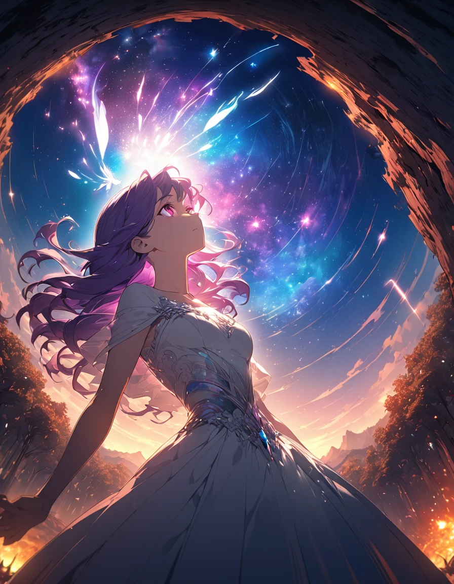 One girl, Beautiful and fine details, Long purple hair, Pale red eyes, Princess Dress, Glowing Skin, resolution, (Anime Style:1.6)High Contrast, ((Mastepiece, Highest quality))Vast landscape photography, (View from below with views of the sky and wilderness below), Girl looking up, (full moon: 1.2), (shooting star: 0.9), (nebula: 1.3), Distant Mountain, Treebreak Production Art, (Warm light source: 1.2), (fire Fly: 1.2), Purple and Orange, Intricate details, Volumetric Lighting, Realism Break (Mastepiece: 1.2) (Highest quality), 4K, Super detailed, (Dynamic Configuration: 1.4), Extremely detailed and colorful, (Iridescent colors: 1.2), (Brilliant lighting, Ambient lighting), dream-like, Magic, (alone: 1.5)　Perfect Fingers
