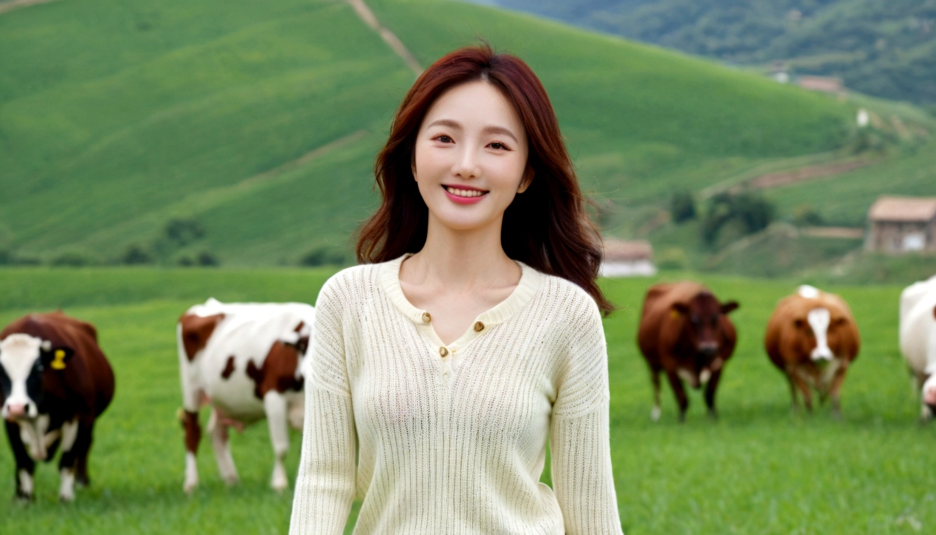 8k best picture quality, Beautiful 36-year-old Korean woman, I have good skin and clear and pretty eyes.. Chest size 34 inches, italian countryside village, The back background is realistic and vivid image quality, medium hair blowing in the wind, Wearing high-end luxury knitwear. casual pants, Smile, Short and slim Korean woman, Photo taken from a distance with a wide-angle lens, Cows graze on a wide plain, I can see a corn field in the distance