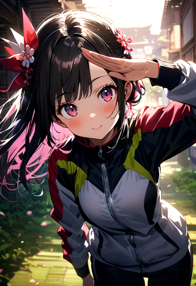 Japanese girl in sports jacket saluting,(Pink Hair: 0.7) , Goto, Hair accessories,