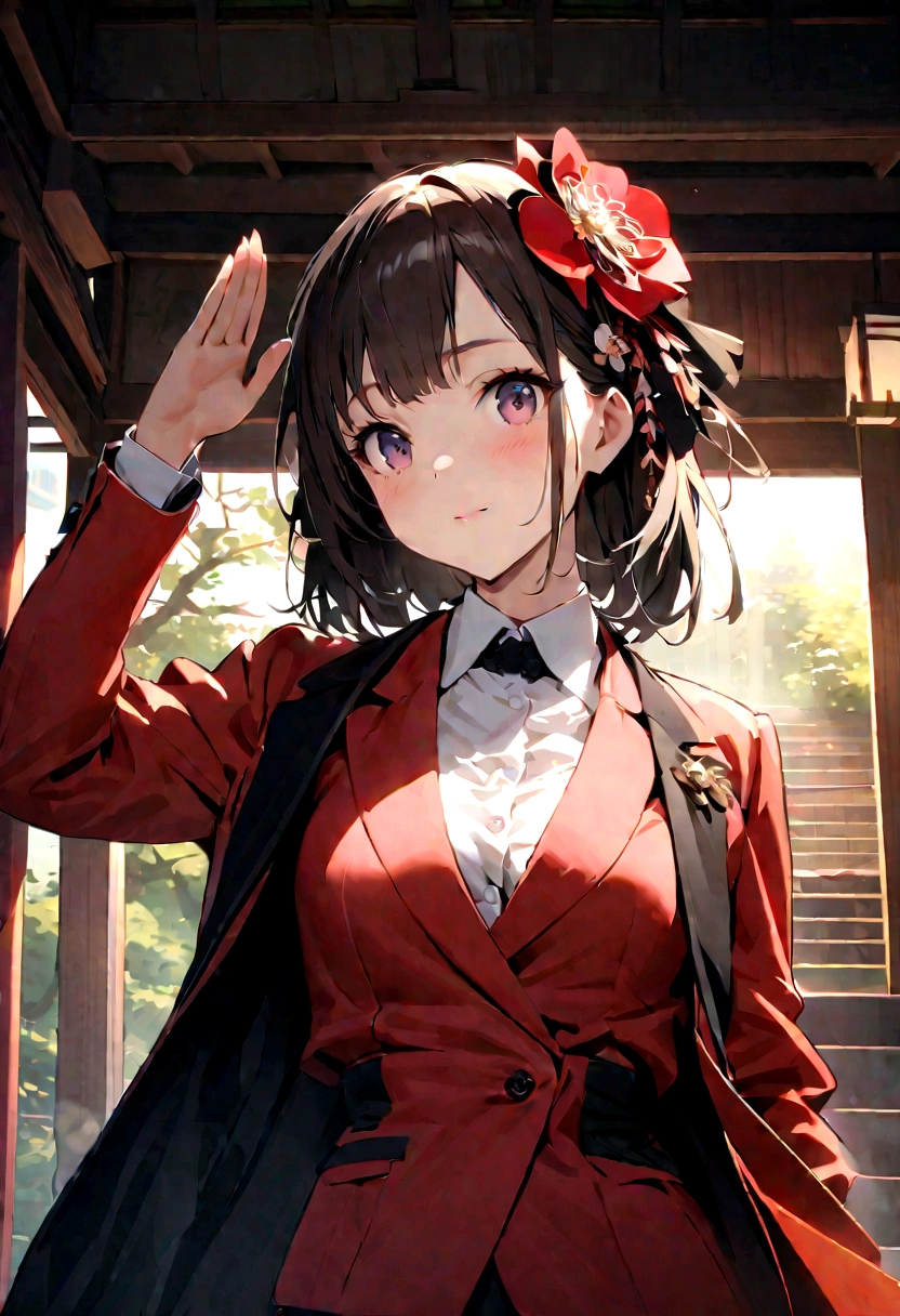 Japanese girl in sports jacket saluting,(Pink Hair: 0.7) , Goto, Hair accessories,