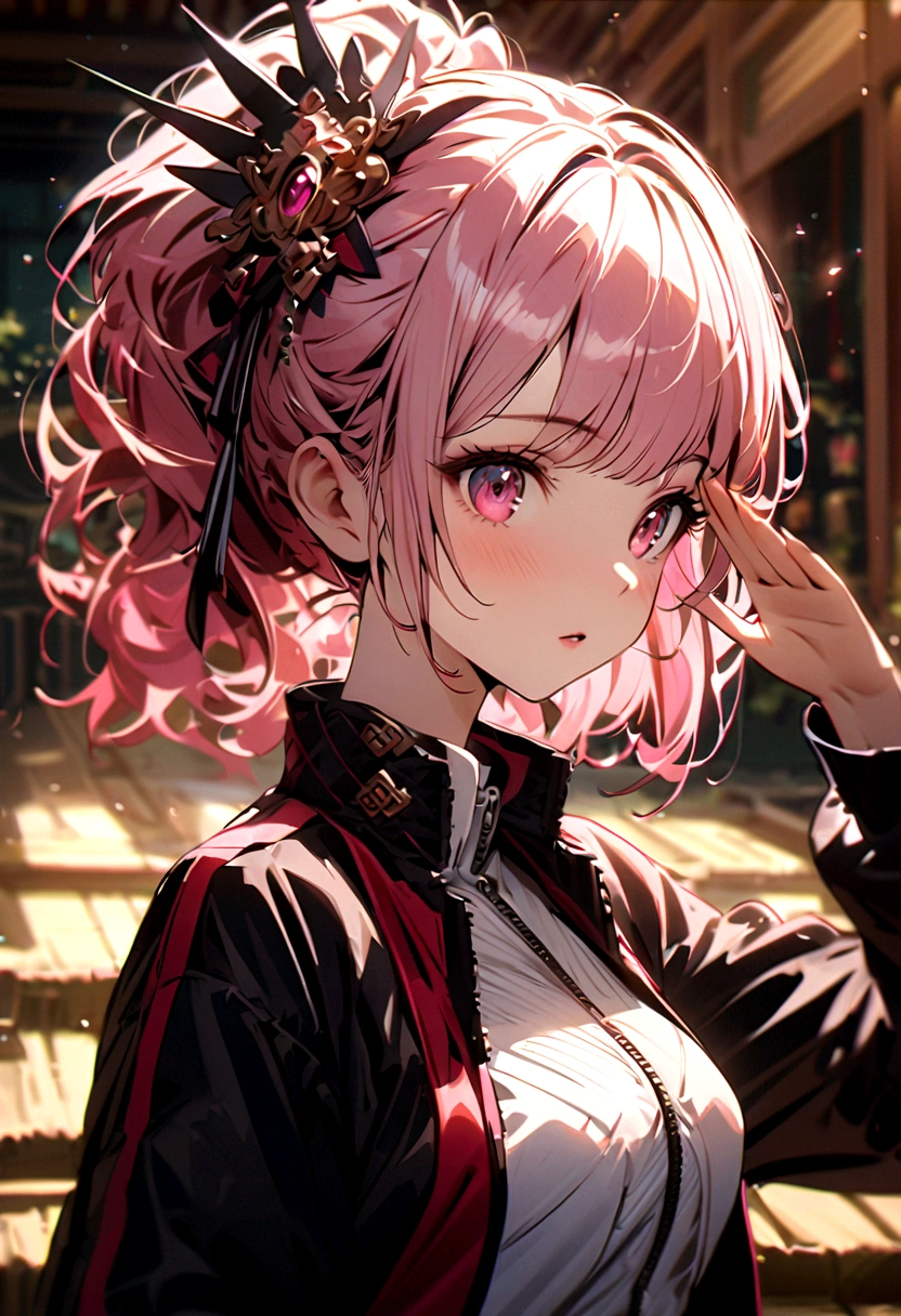 Japanese girl in sports jacket saluting,(Pink Hair: 0.7) , Goto, Hair accessories, 