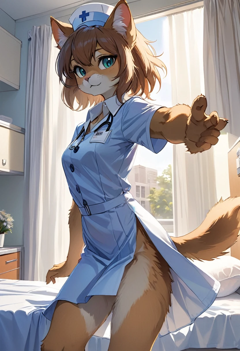 cover page, Cat nurse reaching for me anxiously, Hospital room, White curtains, sunlight, window, nurse's outfit, absurdres, perfect anatomy(kemono, cute girl, solo focus)(furry anthro)(very detailed body fur)