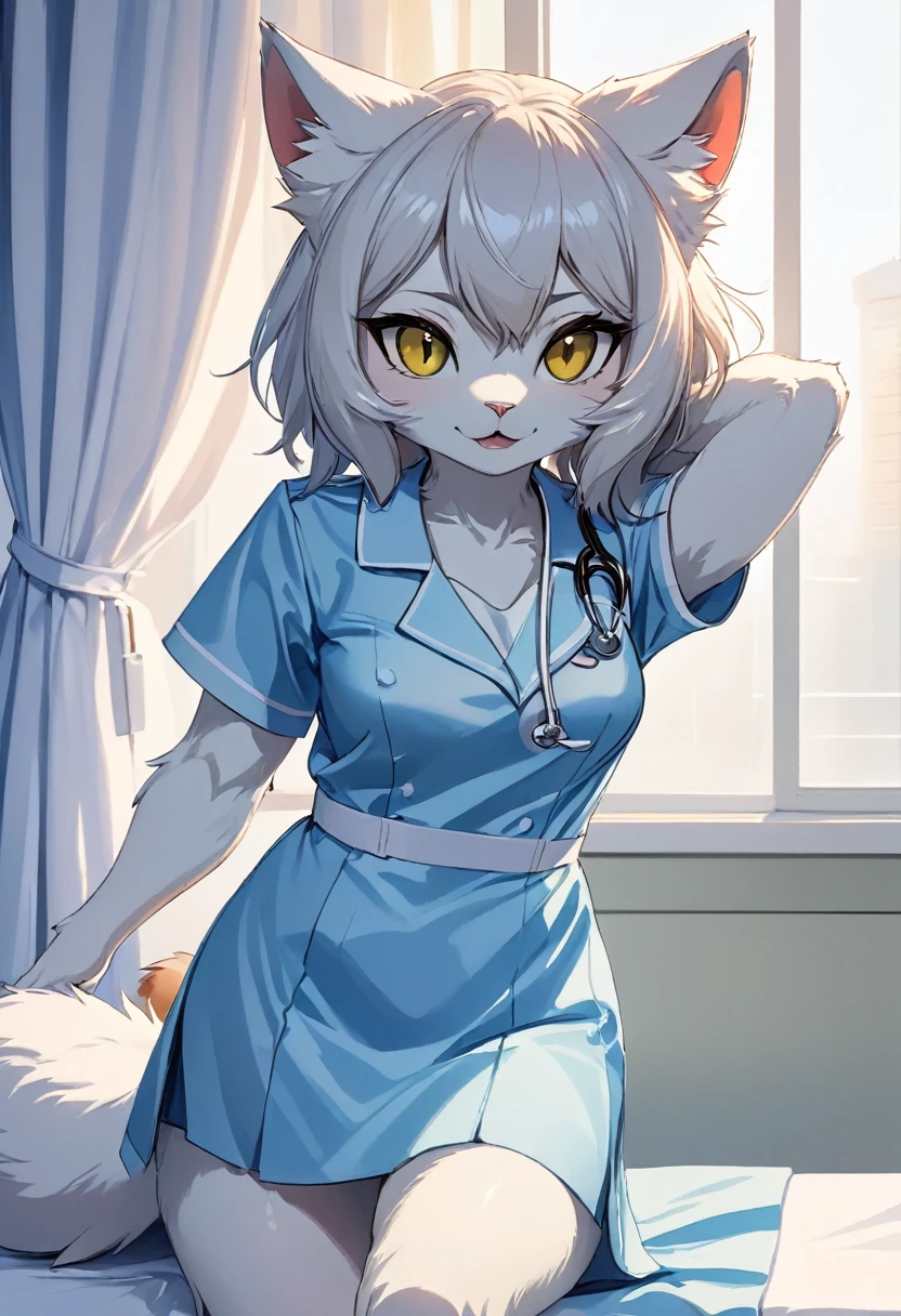 cover page, Cat nurse reaching for me anxiously, Hospital room, White curtains, sunlight, window, nurse's outfit, absurdres, perfect anatomy(kemono, cute girl, solo focus)(furry anthro)(very detailed body fur)