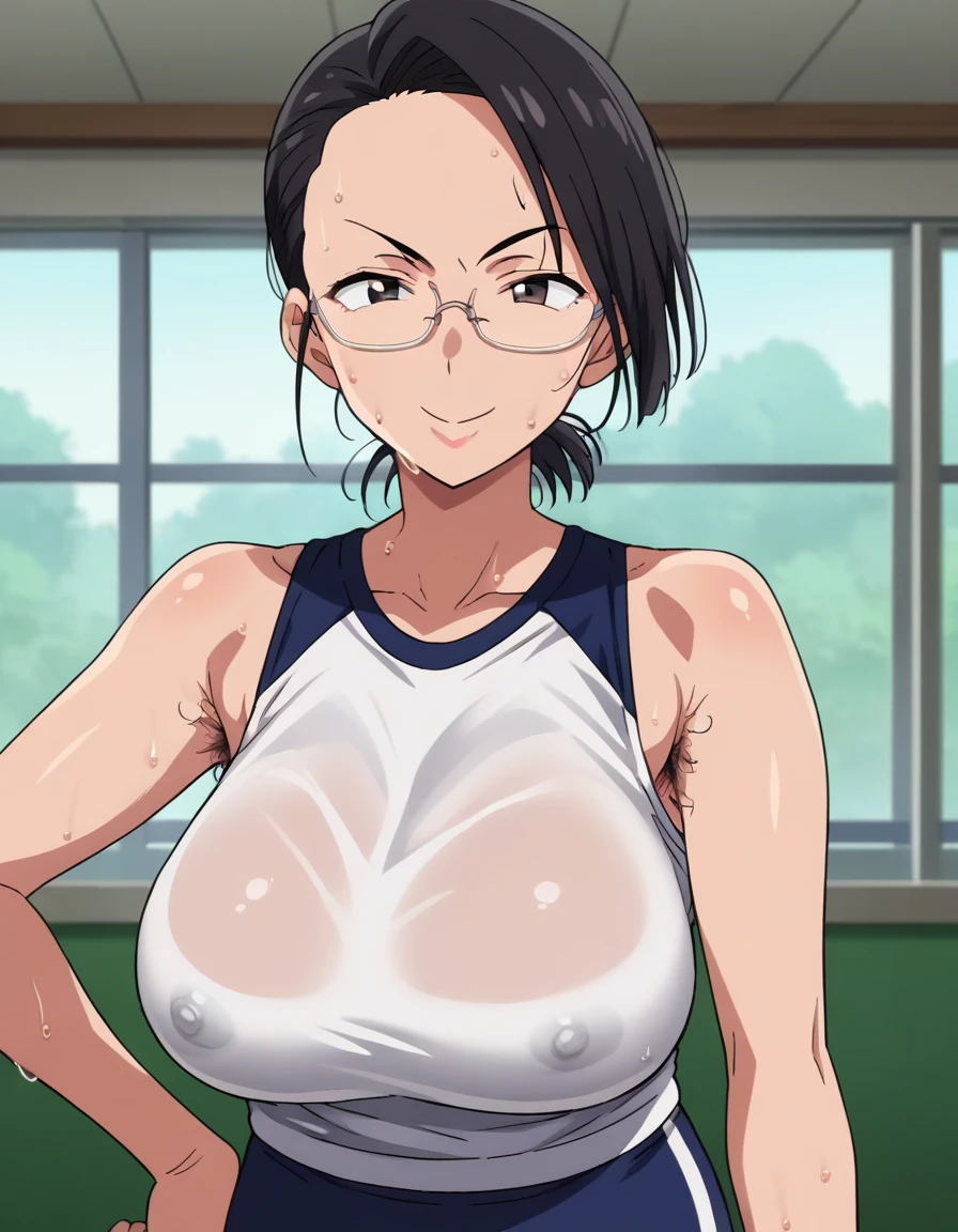 score_9, score_8_up, score_7_up, score_6_up, score_5_up, score_4_up, BREAK, source_anime, anime screencap, anime coloring, 1girl, Japanese stiff-looking beautiful female teacher, solo, perfect anatomy, milf, 36 years old, black hair, short hair, asymmetrical bangs, forehead, v shaped eyebrows, glasses, lite smile, looking at viewer, sweat, (skintight, very tight sleeveless gym uniform, white shirt, shirt-in, under sized micro blue buruma, zettai ryouiki white thighhighs), sagging huge_breasts, tarechichi, erect nipples, thigh gap, indoor, gym, hand on hip, standing, skinny, (unshaven hairy natural public hair:1.2), unshaven hairy natural armpit hair