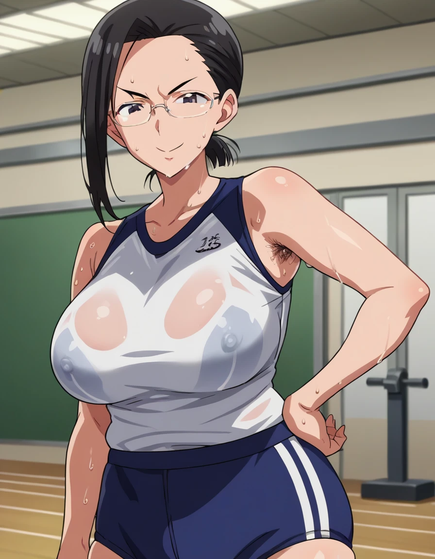 score_9, score_8_up, score_7_up, score_6_up, score_5_up, score_4_up, BREAK, source_anime, anime screencap, anime coloring, 1girl, Japanese stiff-looking beautiful female teacher, solo, perfect anatomy, milf, 36 years old, black hair, short hair, asymmetrical bangs, forehead, v shaped eyebrows, glasses, lite smile, looking at viewer, sweat, (skintight, very tight sleeveless gym uniform, white shirt, shirt-in, under sized micro blue buruma, zettai ryouiki white thighhighs), sagging huge_breasts, tarechichi, erect nipples, thigh gap, indoor, gym, hand on hip, standing, skinny, (unshaven hairy natural public hair:1.2), unshaven hairy natural armpit hair