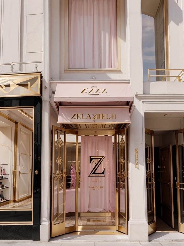 An ethereal-looking, royalty styled, big, classy, luxurious, well-known perfume shop, with a clear “ ZZ “ logo written outside, with color soft pink, a bit of gold, and white