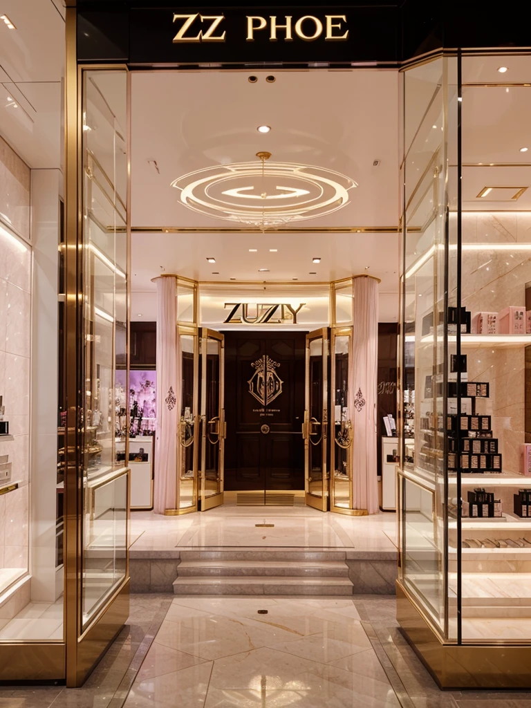 An ethereal-looking, royalty styled, big, classy, luxurious, well-known perfume shop, with a clear “ ZZ “ logo written outside, with color soft pink, a bit of gold, and white