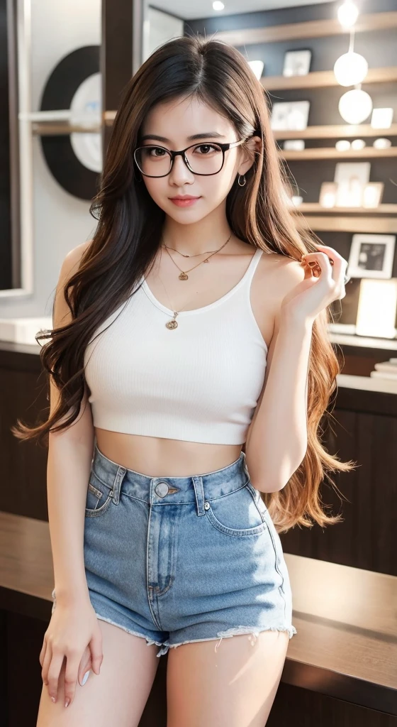 there is a woman with glasses and a necklace posing for a picture, with glasses, with square glasses, with long hair, headshot profile picture, professional profile picture, wearing thin large round glasses, girl with glasses, with glasses on, wearing square glasses, thick glasses, a young asian woman, wearing small round glasses, 1girl, black hair, realistic, ultra detail, big , perfect , perfect