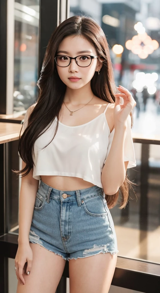there is a woman with glasses and a necklace posing for a picture, with glasses, with square glasses, with long hair, headshot profile picture, professional profile picture, wearing thin large round glasses, girl with glasses, with glasses on, wearing square glasses, thick glasses, a young asian woman, wearing small round glasses, 1girl, black hair, realistic, ultra detail, big , perfect , perfect