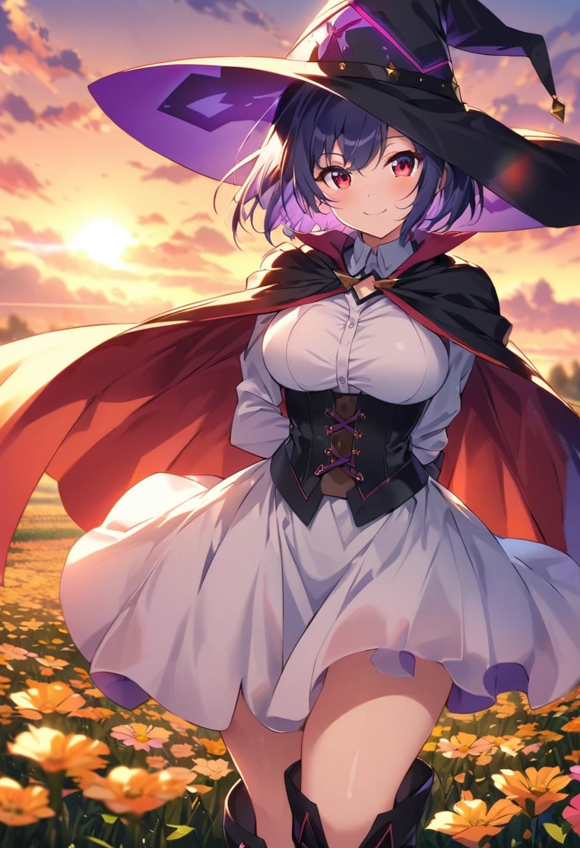 score_9, score_8_up, score_7_up, depth of field, looking at viewer, soft anime.  Beautiful 1woman. Mage. Magic circle. Flowing cloak, tunic, gloves, skirt, corset, boots. Highly detailed face, short hair, highly detailed red eyes. Curvy. Open field of flowers. Blurred background. Sunset. Natural light enhancing contours of her body... Sunrise. Sky is gradient blue and purple. Smile. . Clouds. Witch hat. Hand behind back