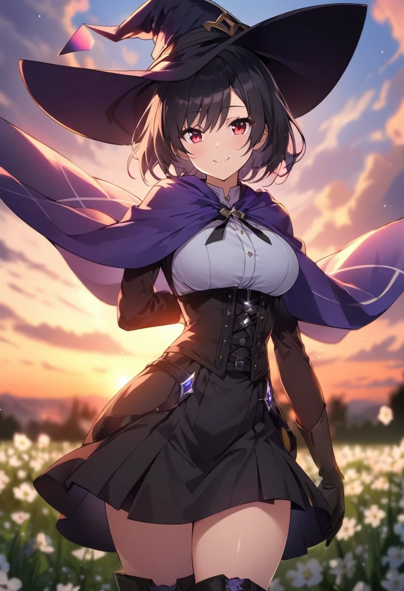 score_9, score_8_up, score_7_up, depth of field, looking at viewer, soft anime.  Beautiful 1woman. Mage. Magic circle. Flowing cloak, tunic, gloves, skirt, corset, boots. Highly detailed face, short hair, highly detailed red eyes. Curvy. Open field of flowers. Blurred background. Sunset. Natural light enhancing contours of her body... Sunrise. Sky is gradient blue and purple. Smile. . Clouds. Witch hat. Hand behind back