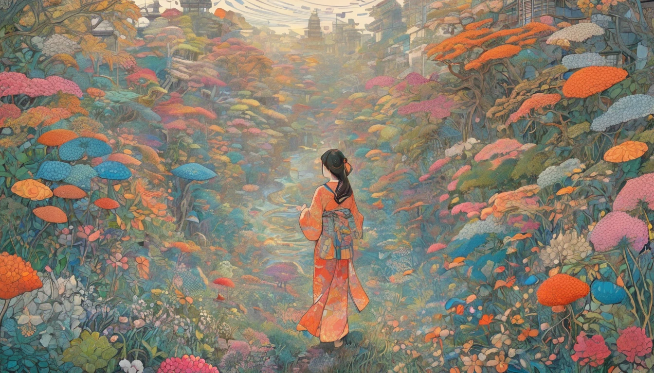 One girl, Japan, They are, (art:Hiroshi Yoshida ) Super detailed, beautifully、aesthetic,
masterpiece, Highest quality, Realistic, zenTangle, Mandala, Tangle, enTangle, フラクタルart, Very detailed, Dynamic Angle, The most beautiful form of chaos, elegant, Brutalist design, Vibrant colors, Romanticism, silk,