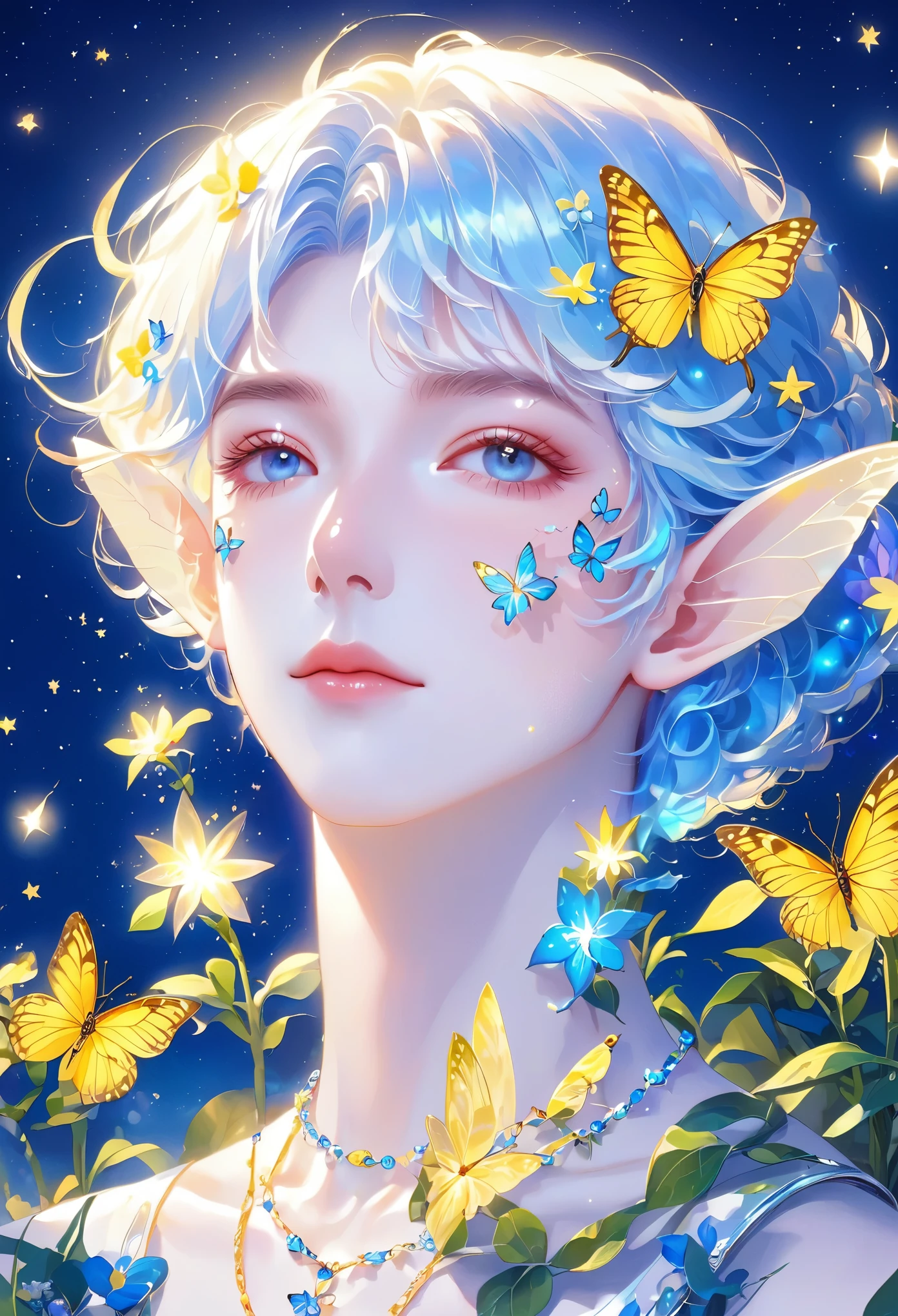 animal,blue butterfly,blue flower,bug,butterfly,butterfly hair ornament,butterfly on hand,butterfly wings,elf,facial mark,fairy,flower,glowing butterfly,jewelry,leaf,moon,necklace,plant,pointy ears,portrait,solo,star \(sky\),star \(symbol\),starry sky,white butterfly,yellow butterfly,yellow flower