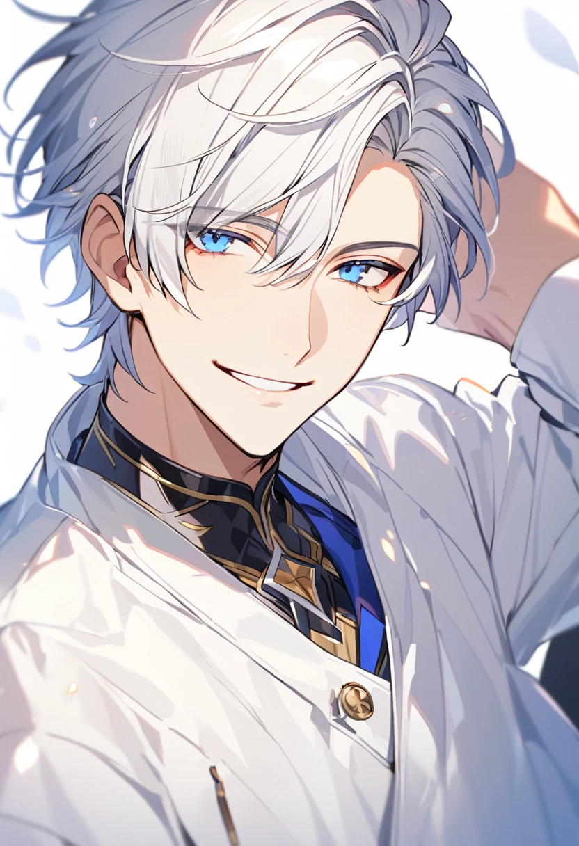 Handsome, solo, 1 male, short hair, blue eyes, white hair, white clothes, smile facial