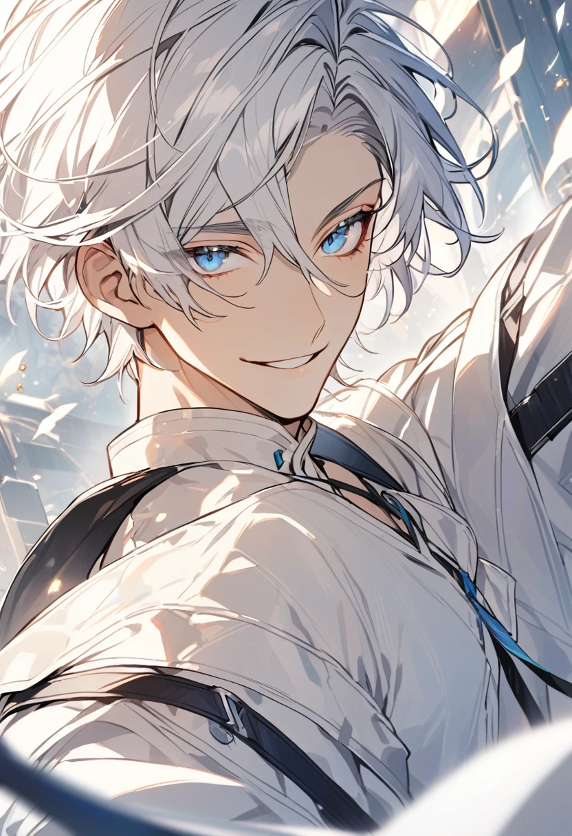 Handsome, solo, 1 male, short hair, blue eyes, white hair, white clothes, smile facial