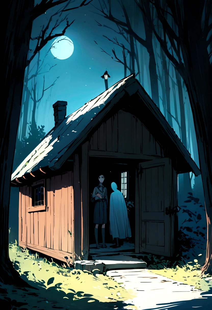 The friends are standing at the cabin's entrance, about to investigate, while the ghostly figure silently watches them from the shadows.